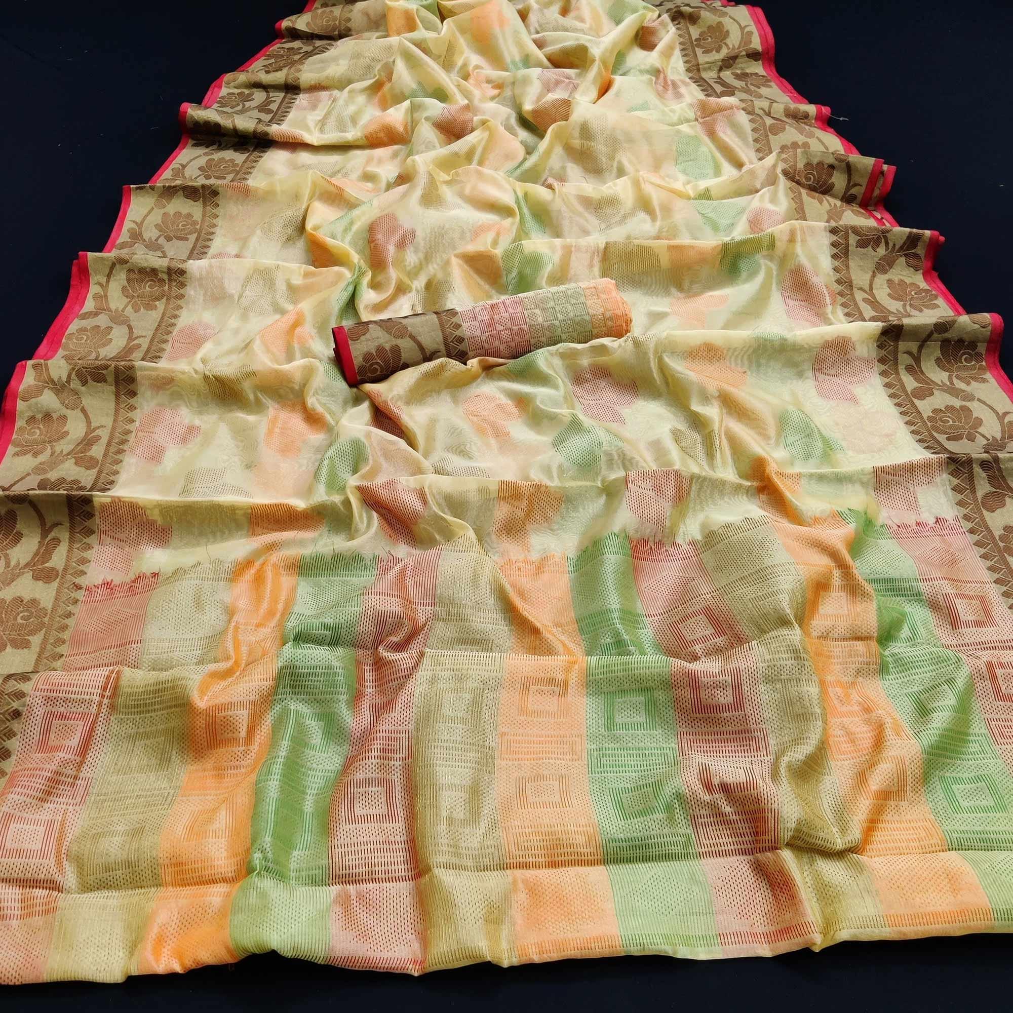 Chikoo Festive Wear Woven Silk Saree - Peachmode