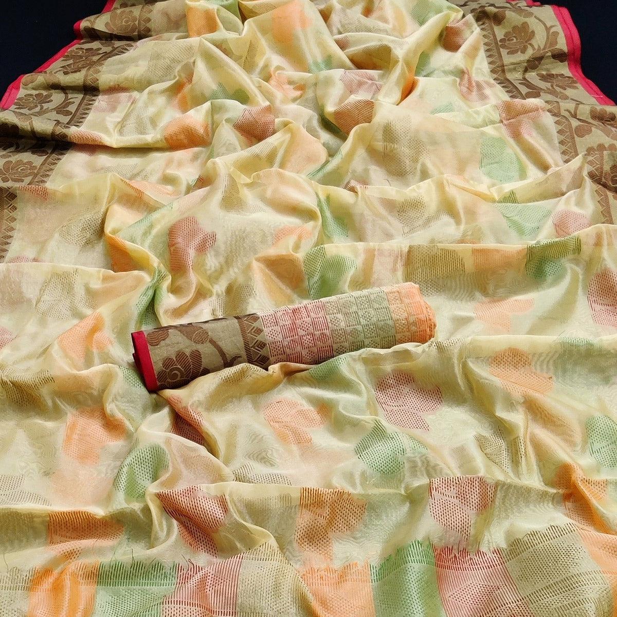 Chikoo Festive Wear Woven Silk Saree - Peachmode