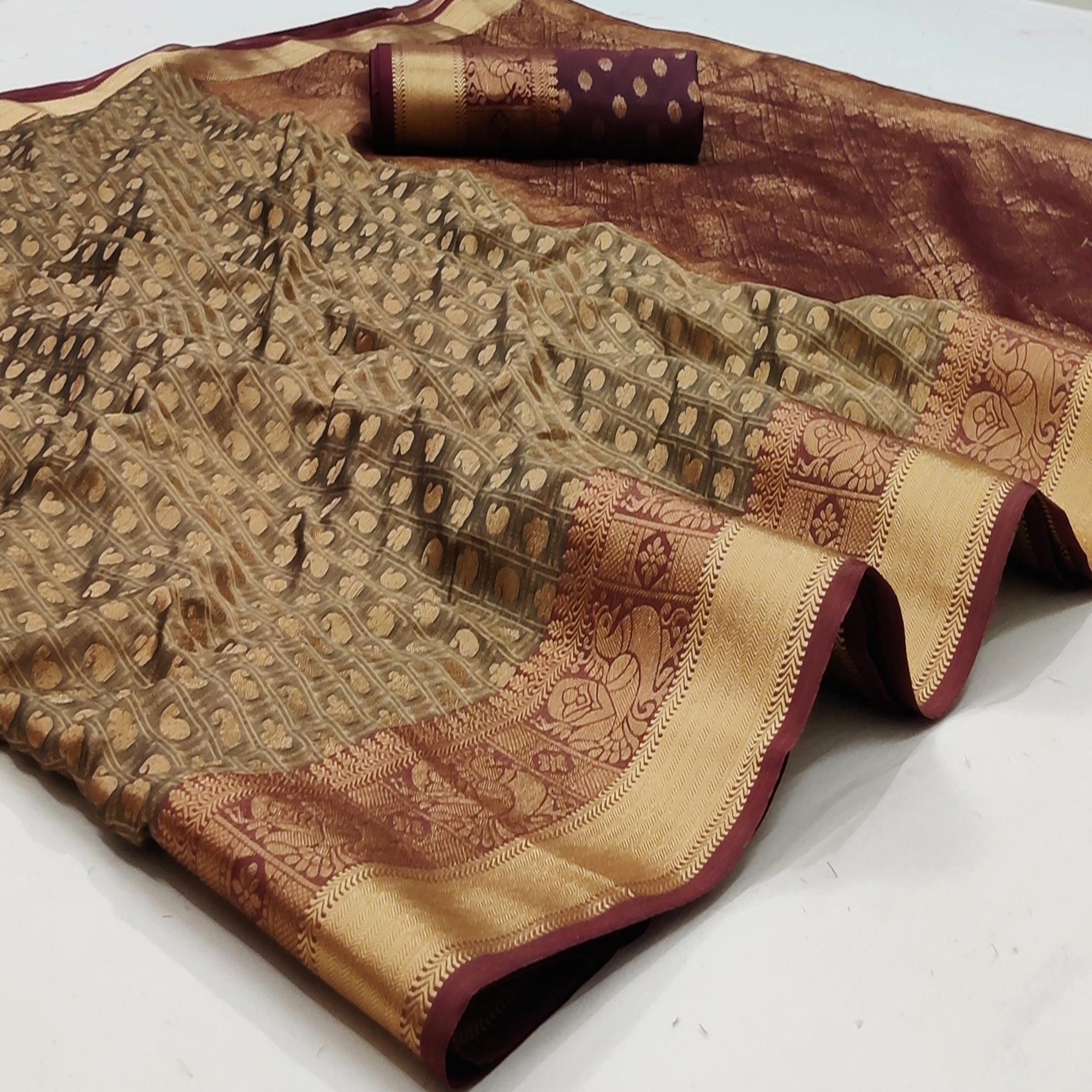 Chikoo Festive Wear Woven Silk Saree With Jacquard Border - Peachmode