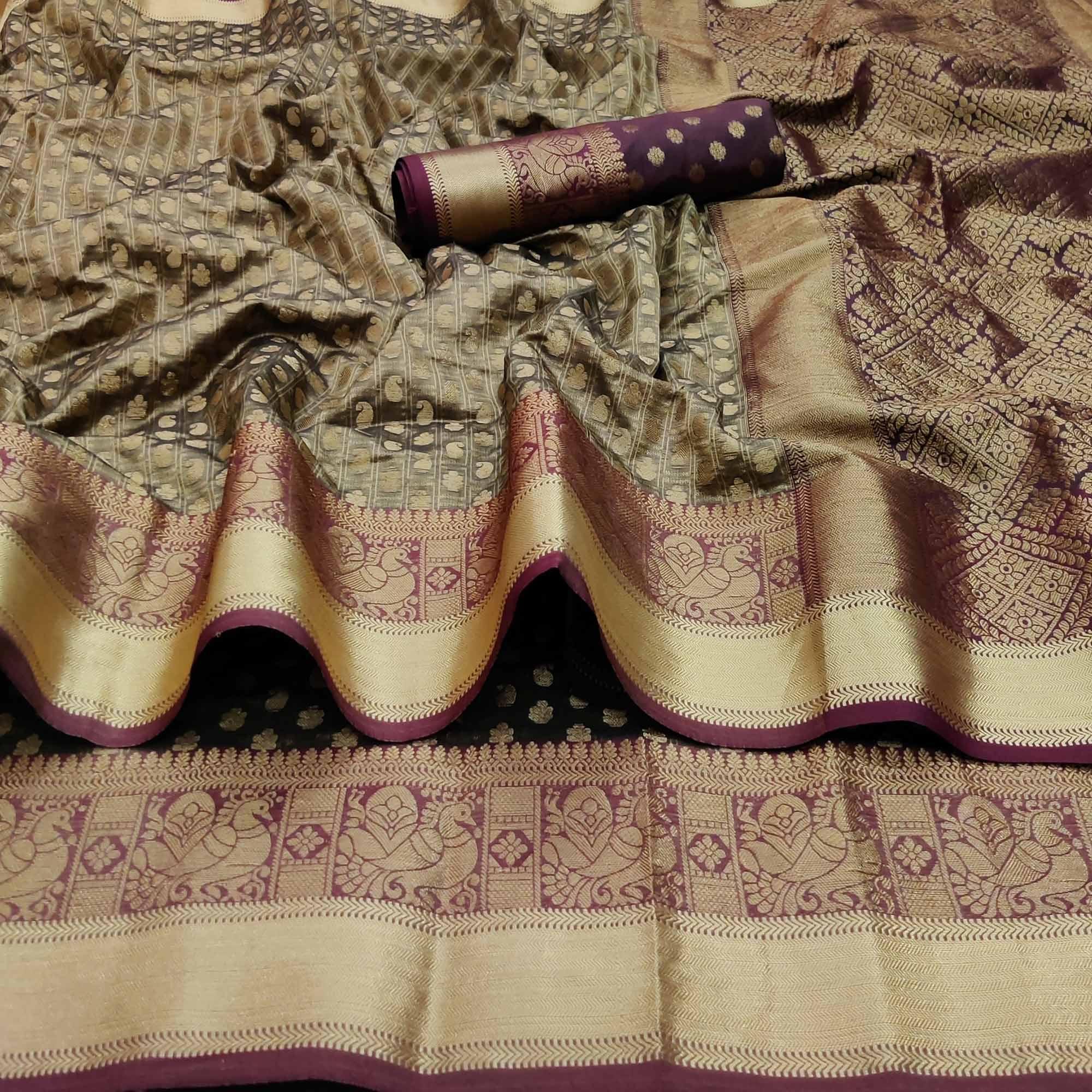 Chikoo Festive Wear Woven Silk Saree With Jacquard Border - Peachmode