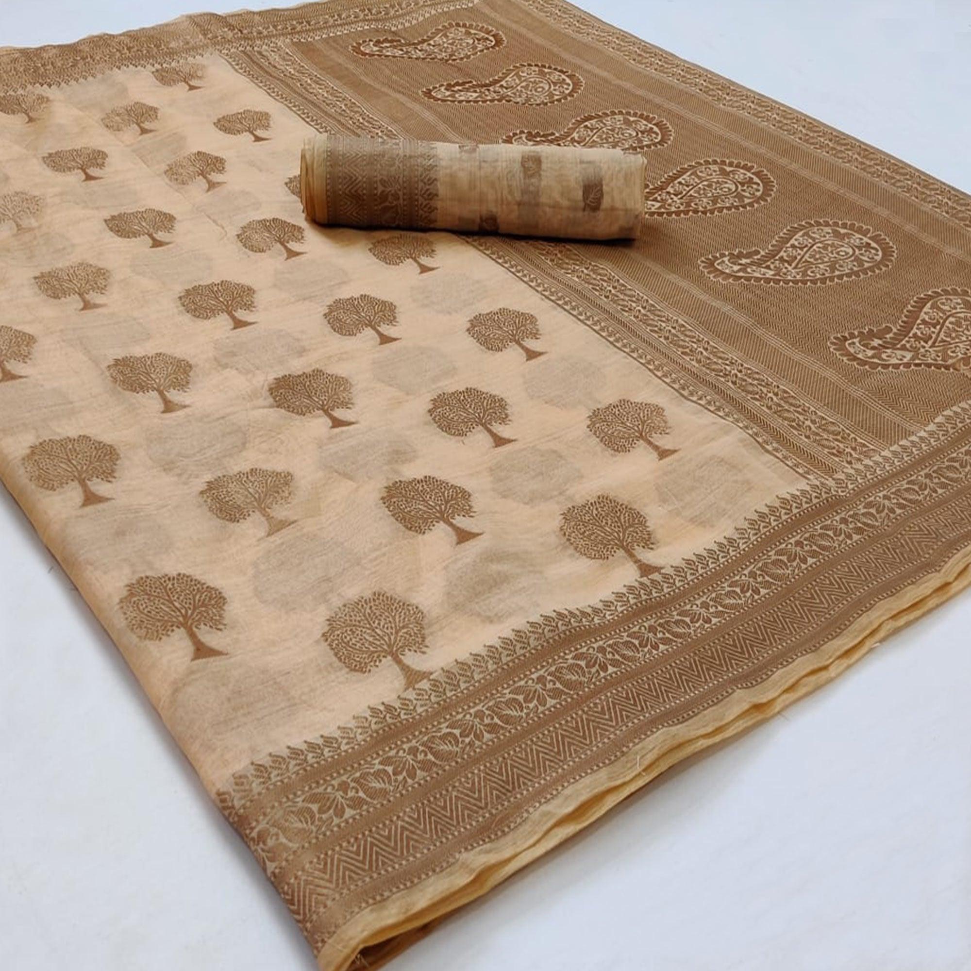 Chikoo Festive Wear Woven Soft Organza Saree - Peachmode