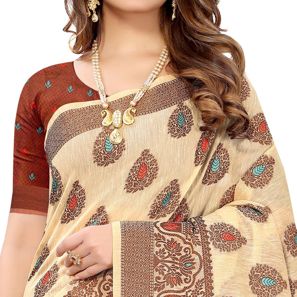 Chikoo Festive Wear Woven With Meena Butta Rich Pallu Cotton Saree - Peachmode