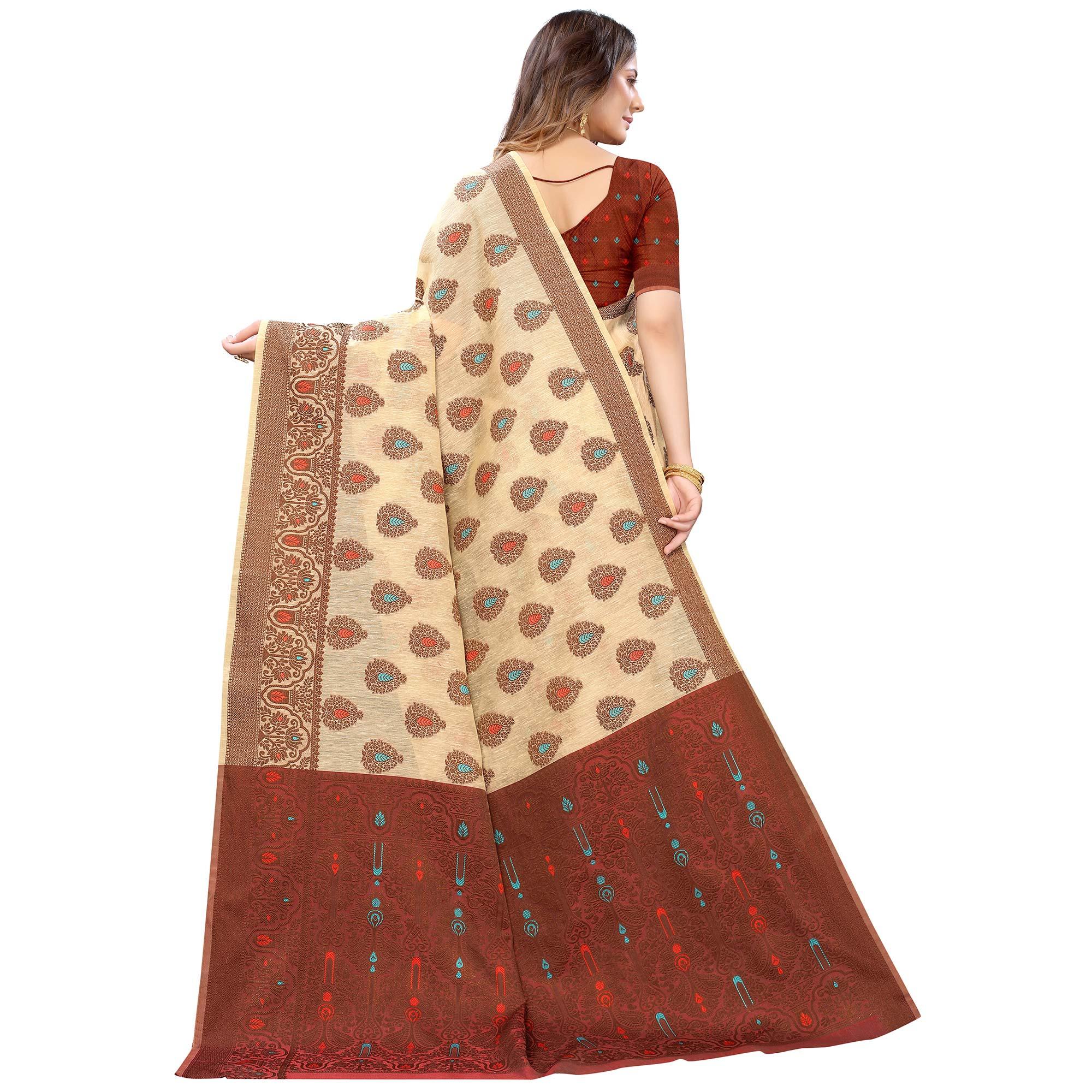 Chikoo Festive Wear Woven With Meena Butta Rich Pallu Cotton Saree - Peachmode