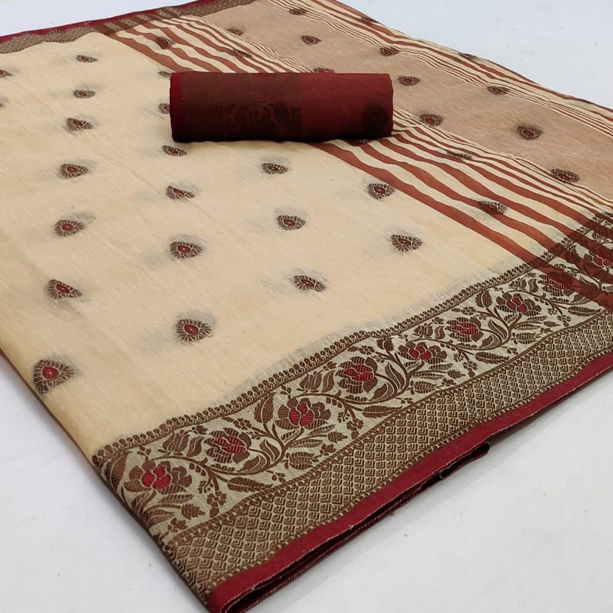 Chikoo Festive Wear Zari Butta Woven Heavy Linen Saree - Peachmode