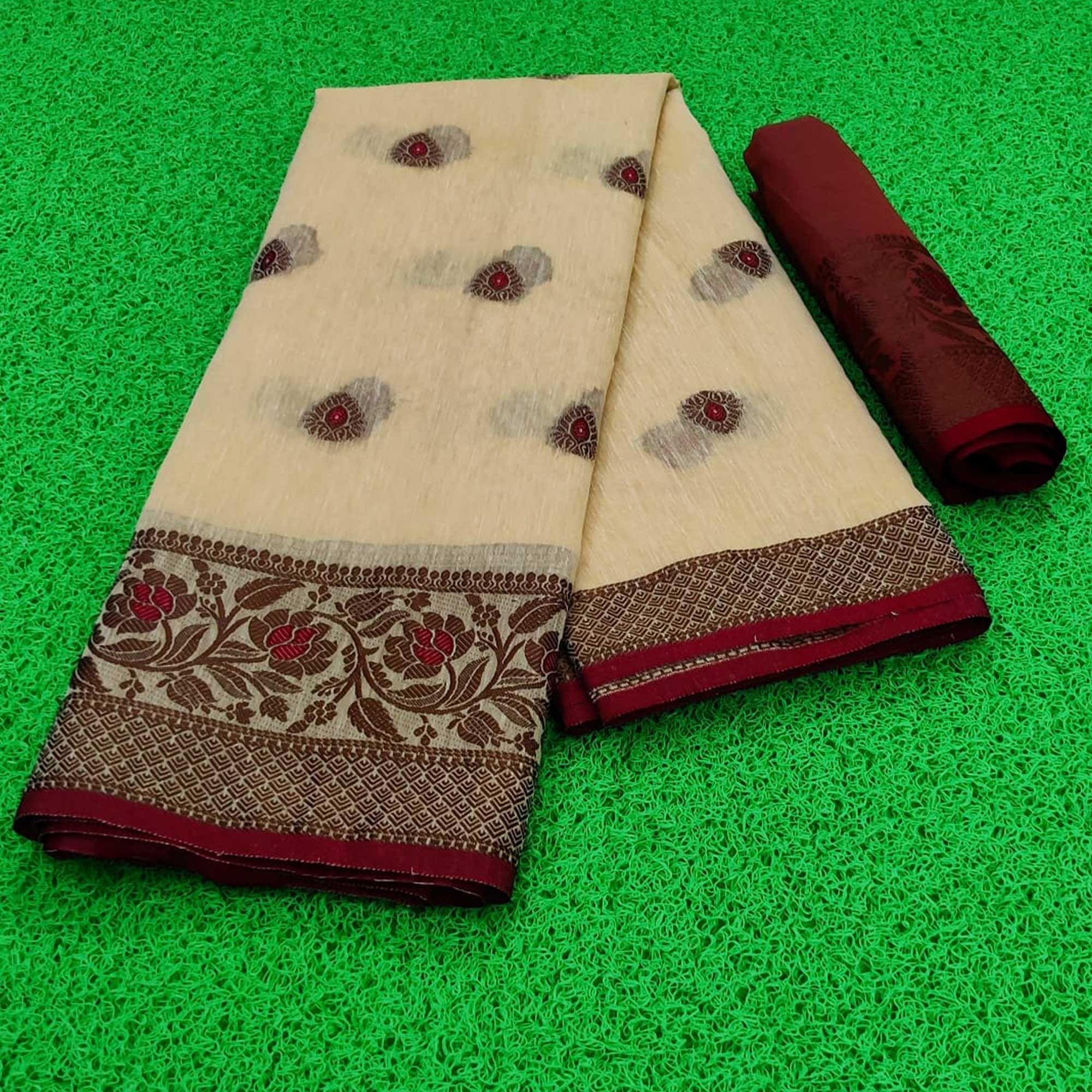 Chikoo Festive Wear Zari Butta Woven Heavy Linen Saree - Peachmode