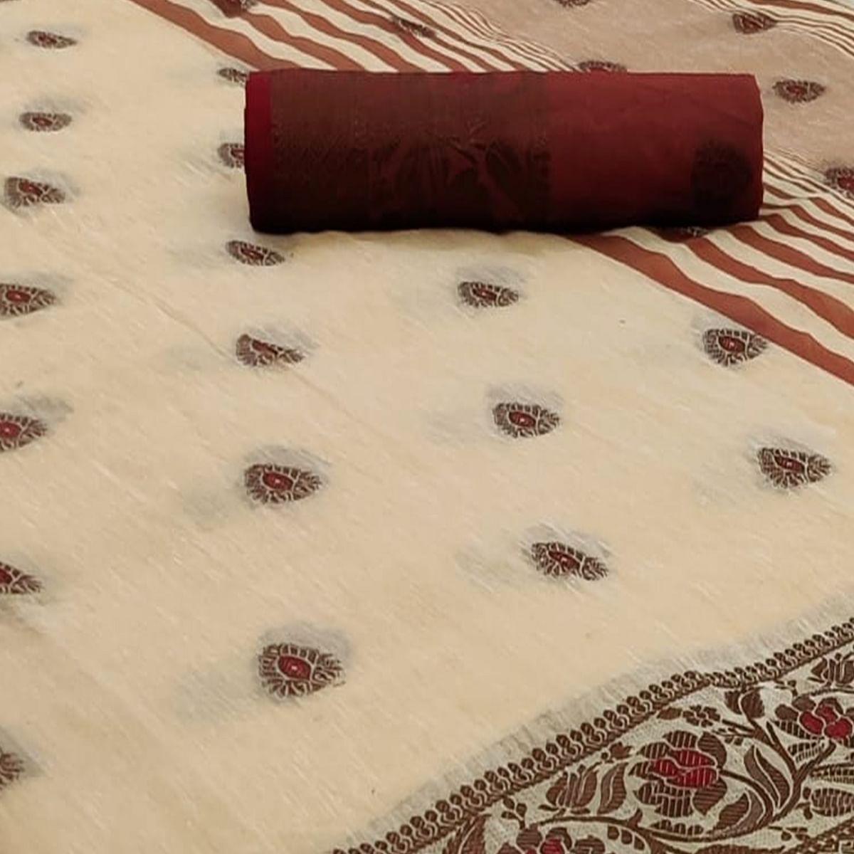 Chikoo Festive Wear Zari Butta Woven Heavy Linen Saree - Peachmode