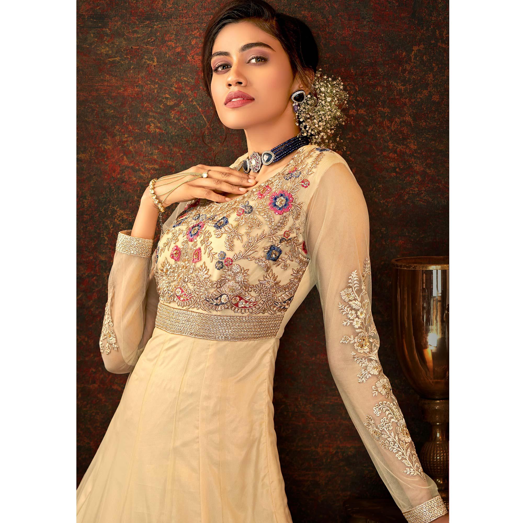 Chikoo Floral Embroidered Net Partywear Gown - Peachmode