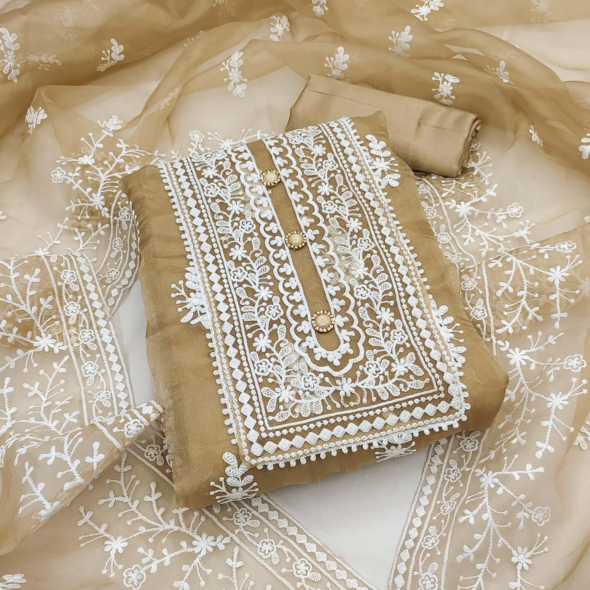 Chikoo Floral Embroidered Organza Dress Material - Peachmode