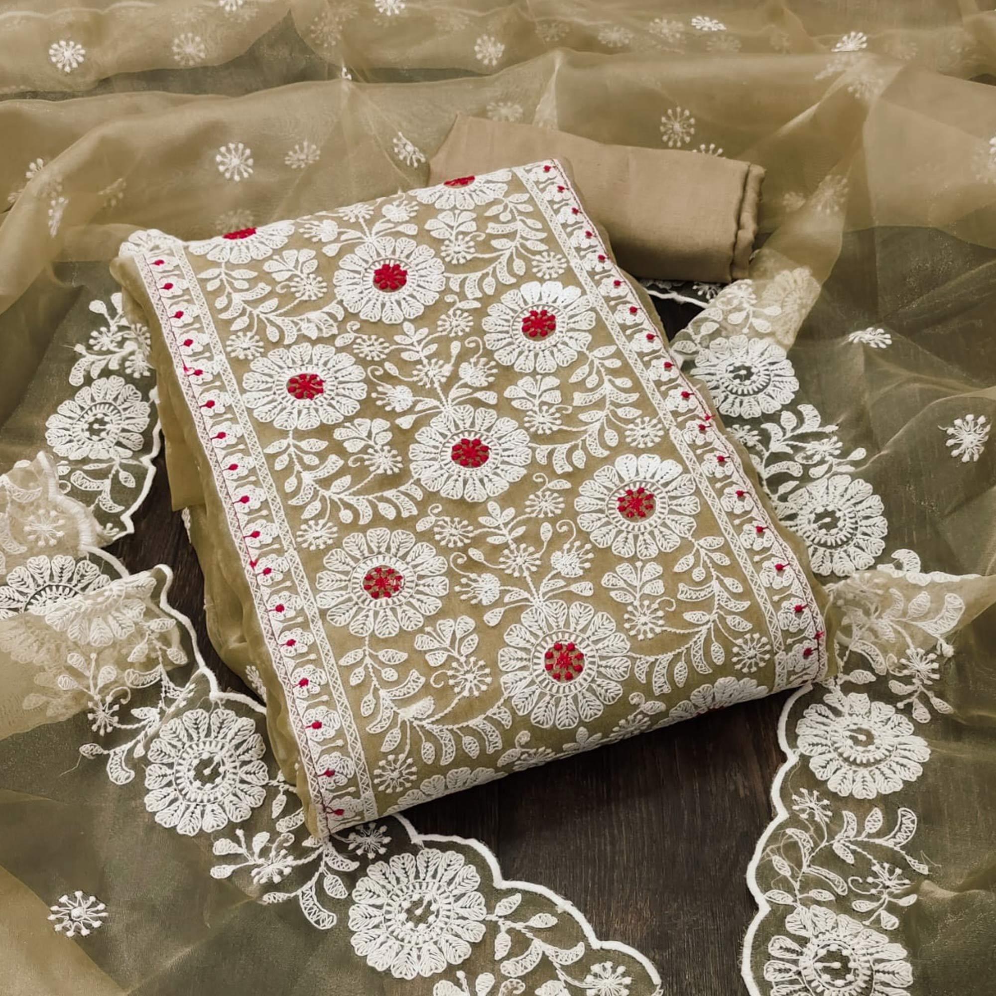 Chikoo Floral Embroidered Organza Dress Material - Peachmode