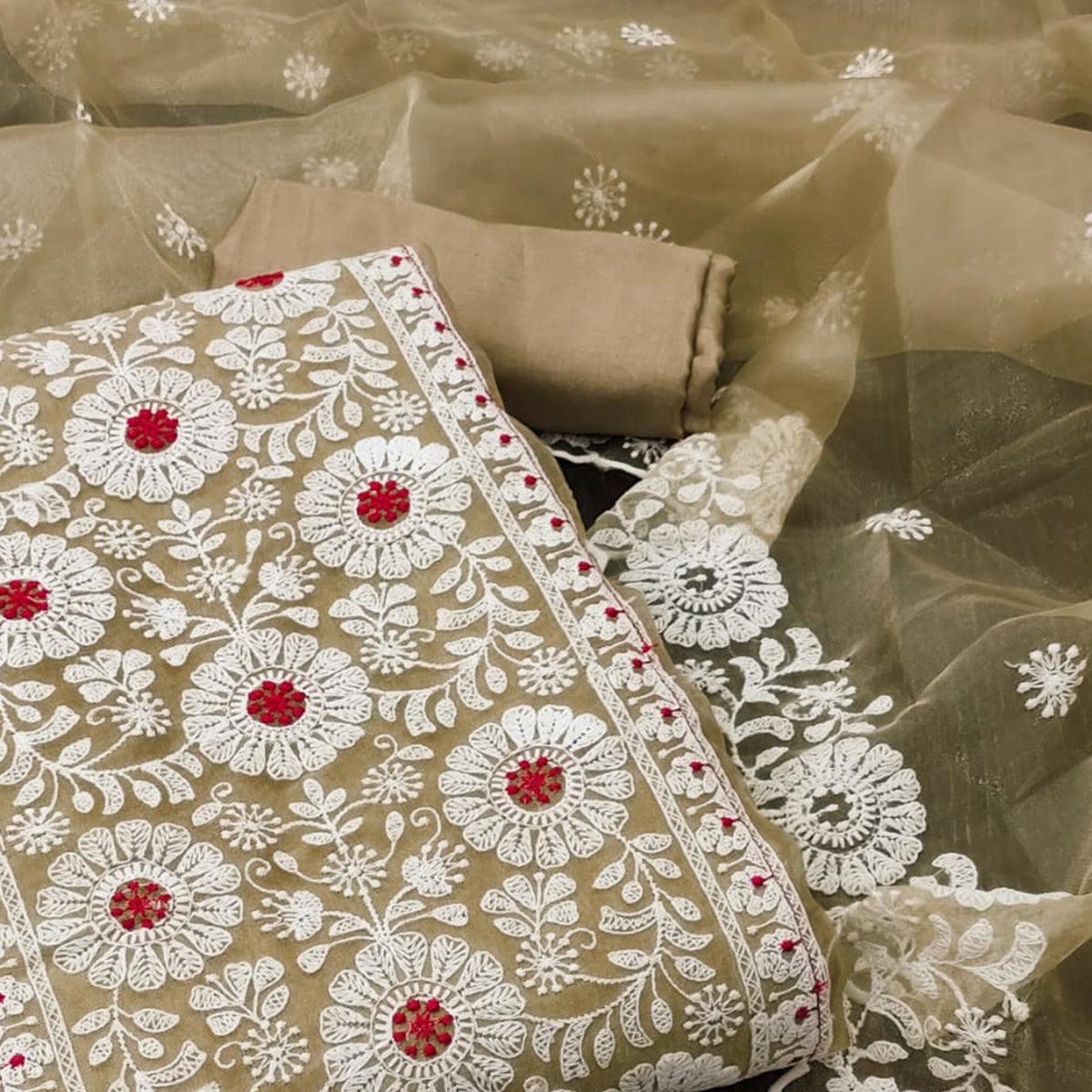 Chikoo Floral Embroidered Organza Dress Material - Peachmode