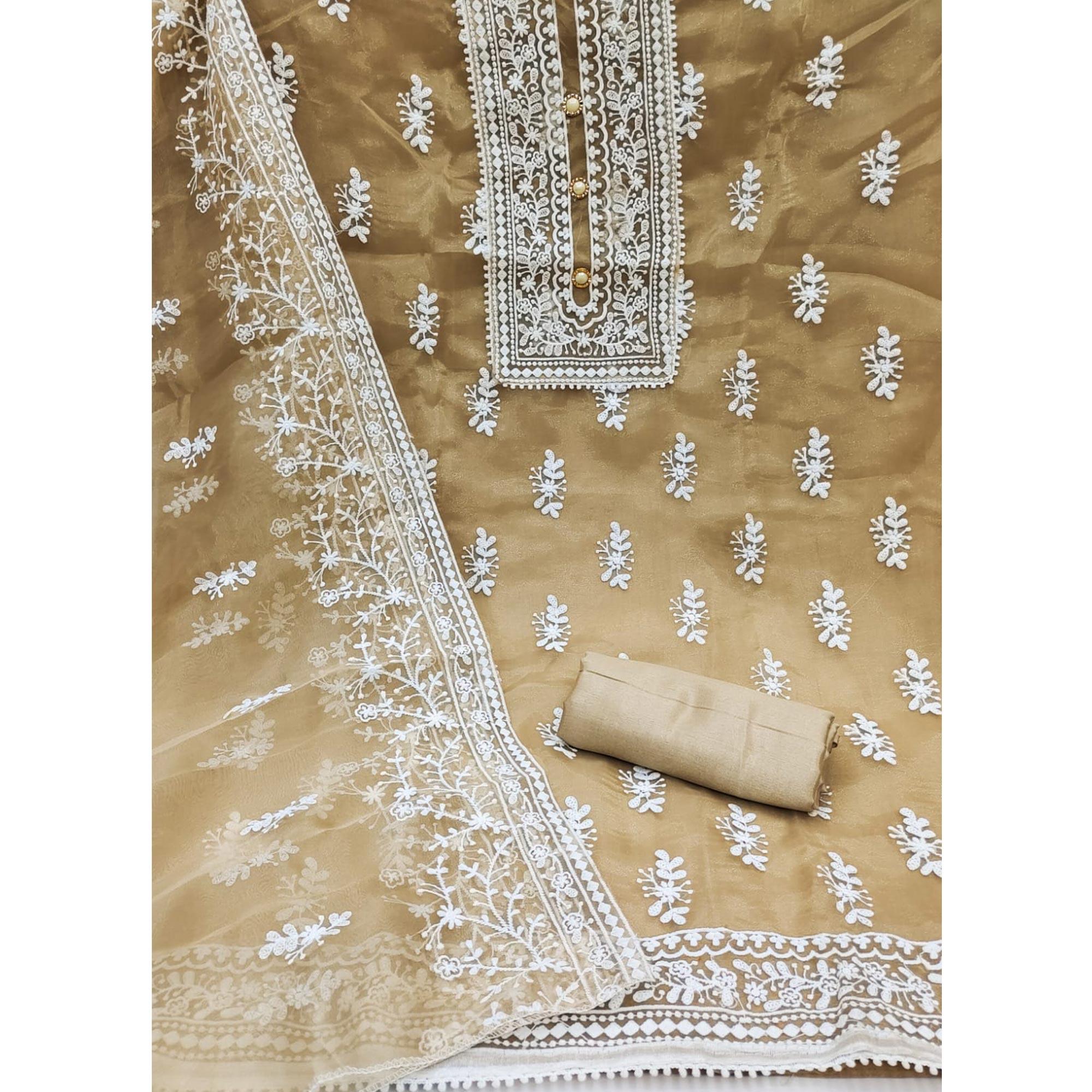 Chikoo Floral Embroidered Organza Dress Material - Peachmode