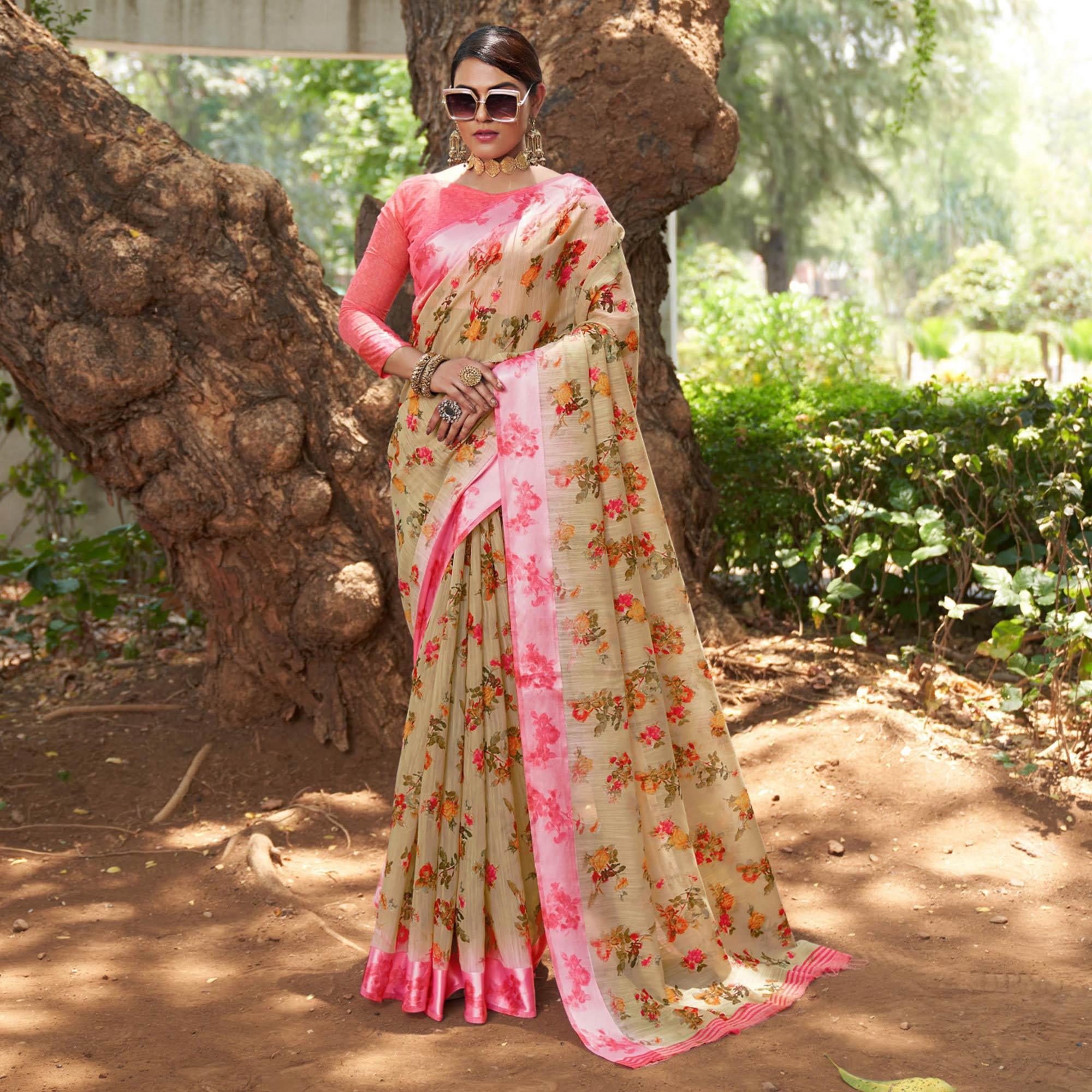 Chikoo Floral Printed Linen Saree - Peachmode
