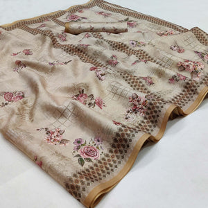 Chikoo Floral Printed Pure Cotton Saree - Peachmode