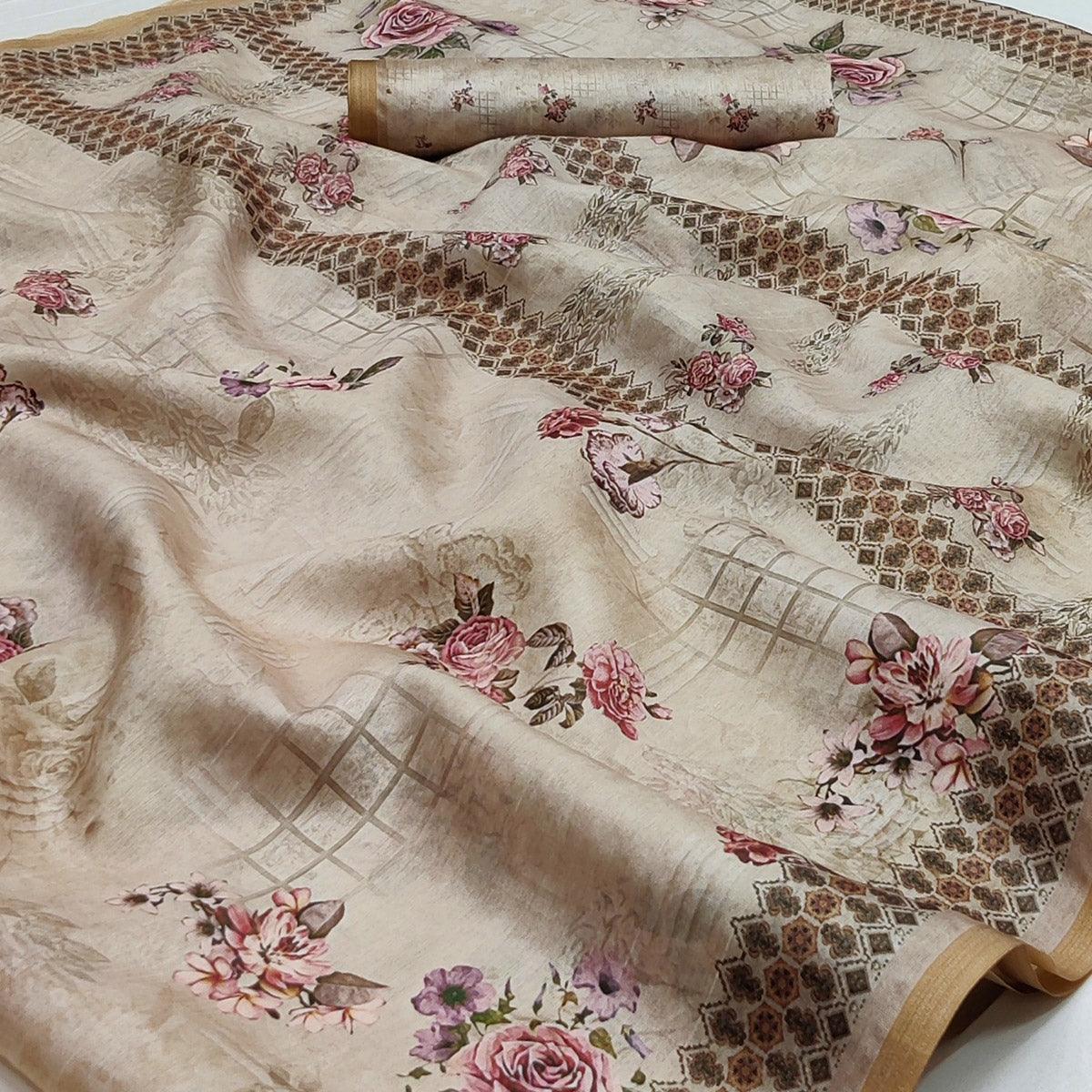 Chikoo Floral Printed Pure Cotton Saree - Peachmode