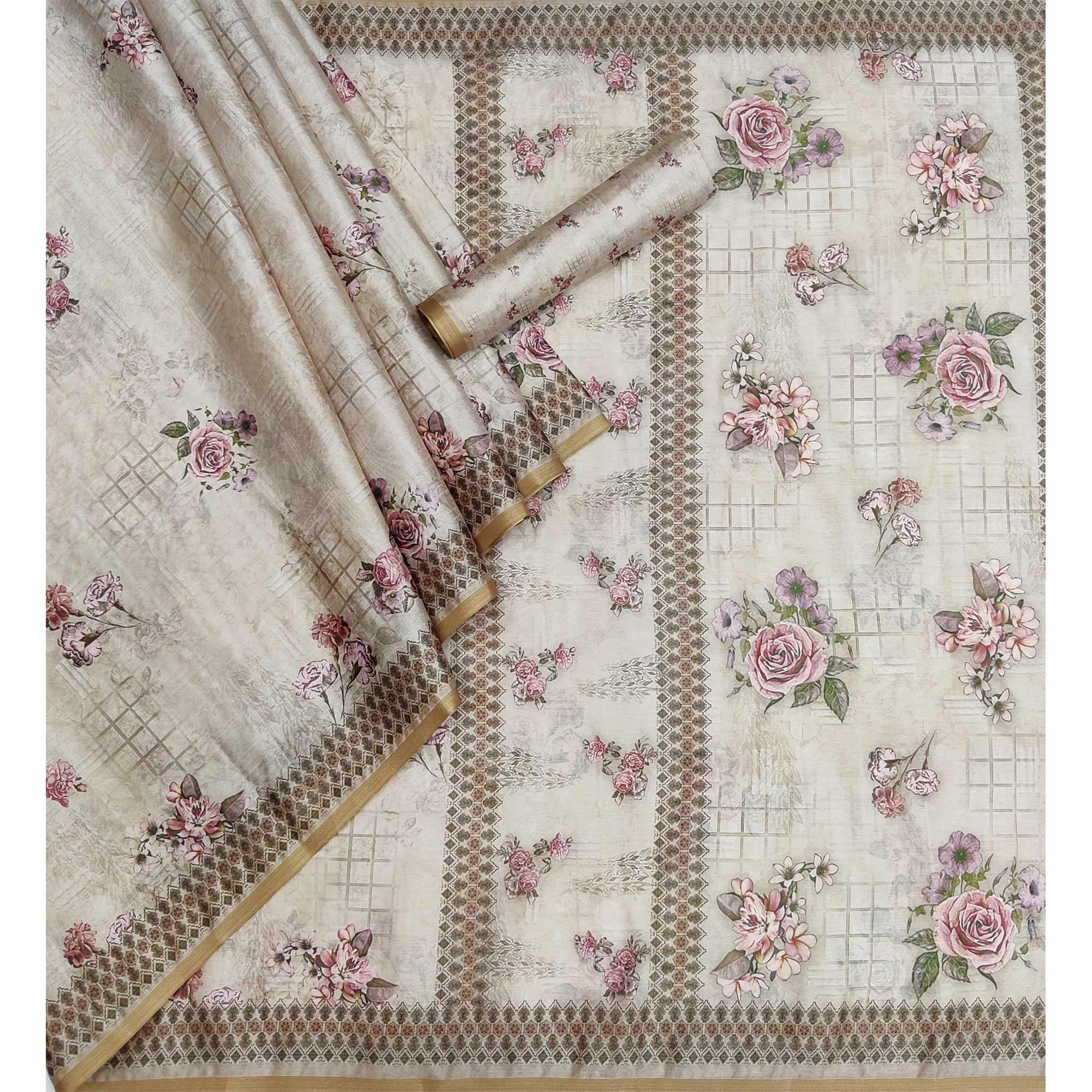 Chikoo Floral Printed Pure Cotton Saree - Peachmode