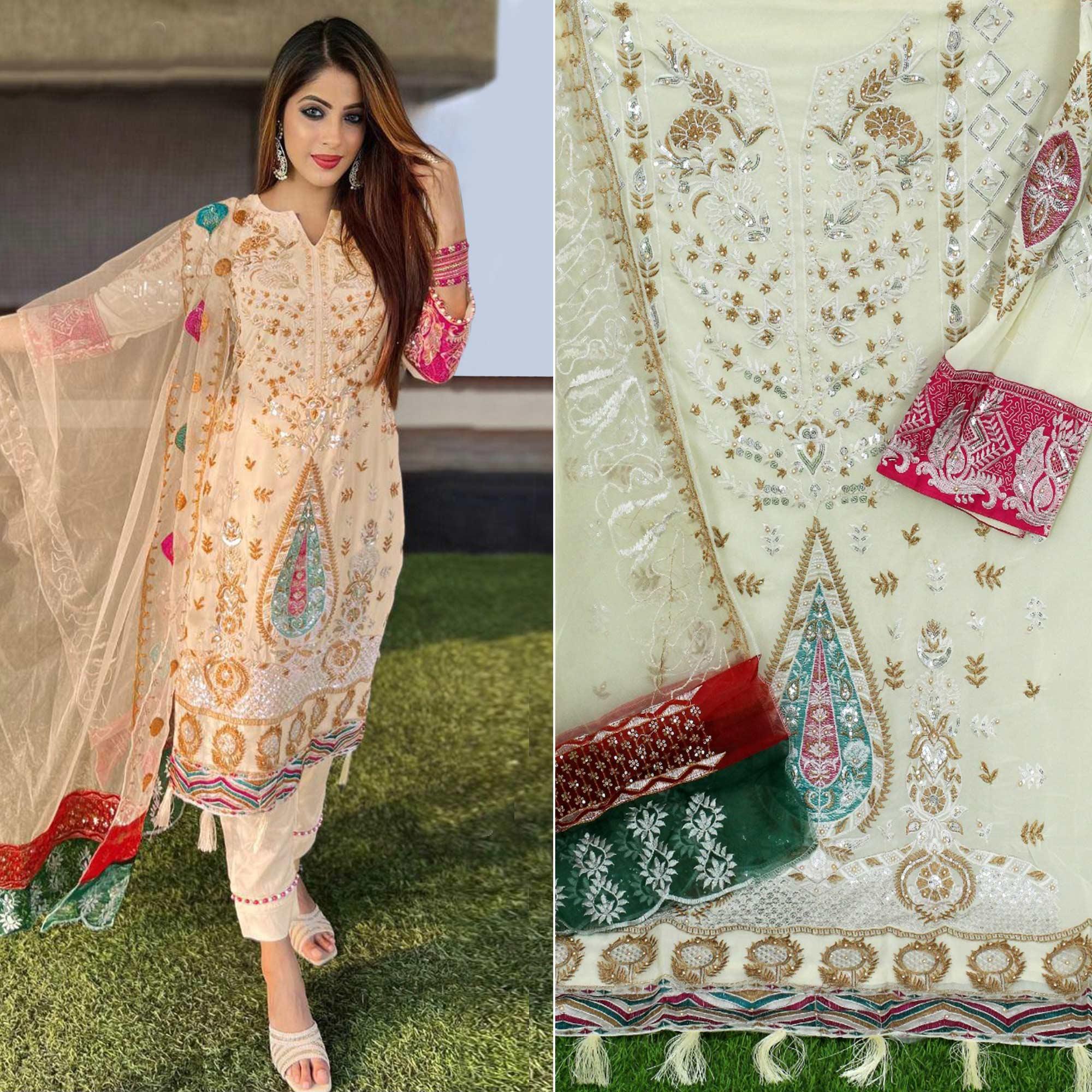 Chikoo Floral Sequence Embroidered Georgette Pakistani Suit - Peachmode