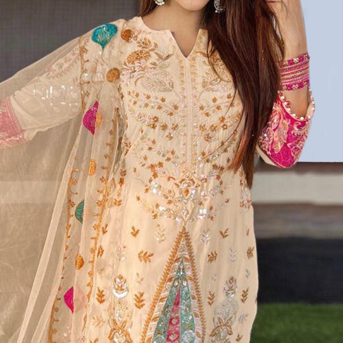 Chikoo Floral Sequence Embroidered Georgette Pakistani Suit - Peachmode