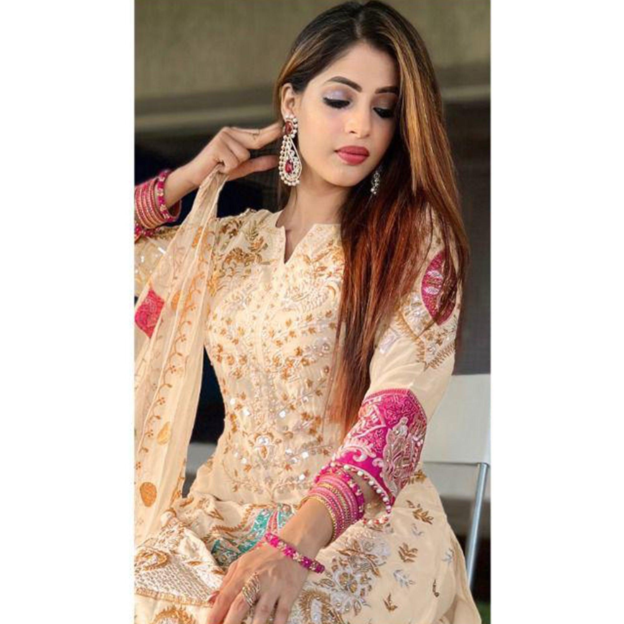 Chikoo Floral Sequence Embroidered Georgette Pakistani Suit - Peachmode