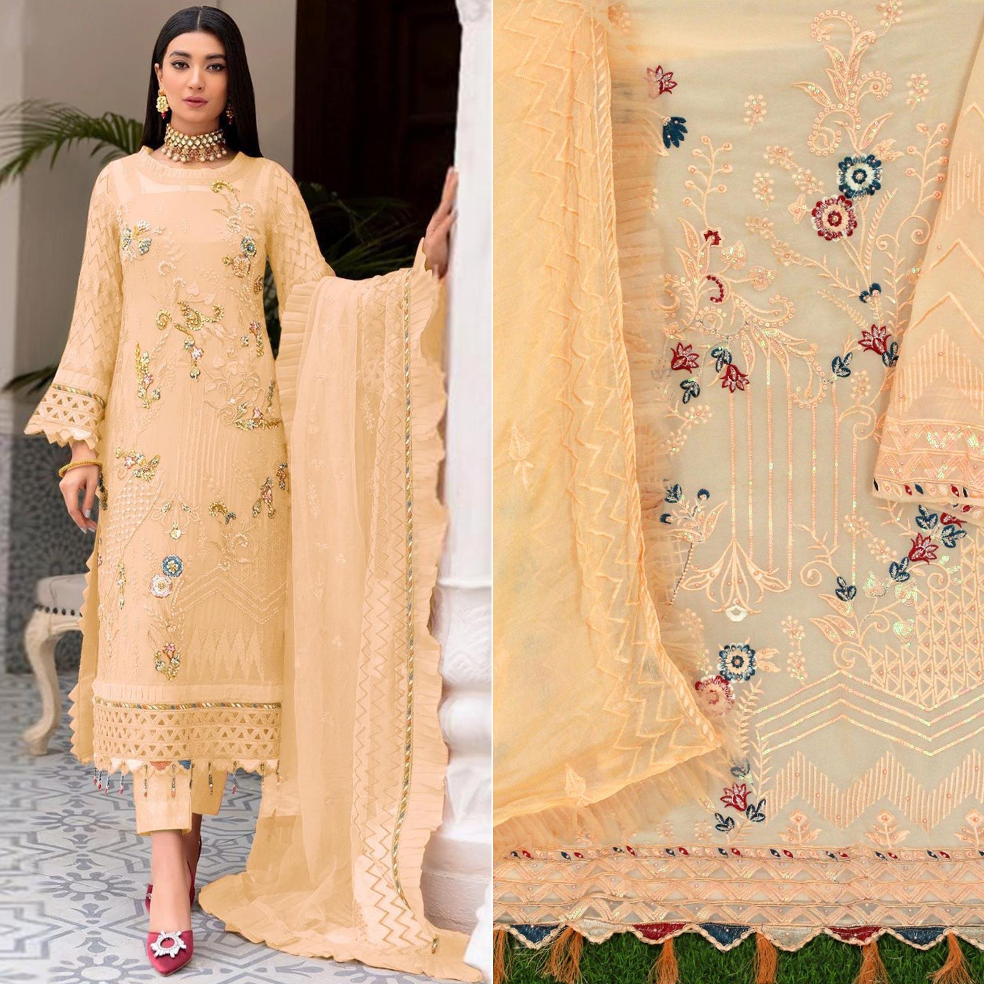 Chikoo Floral Sequence Embroidered Work Georgette Pakistani Suit - Peachmode