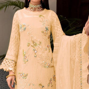 Chikoo Floral Sequence Embroidered Work Georgette Pakistani Suit - Peachmode