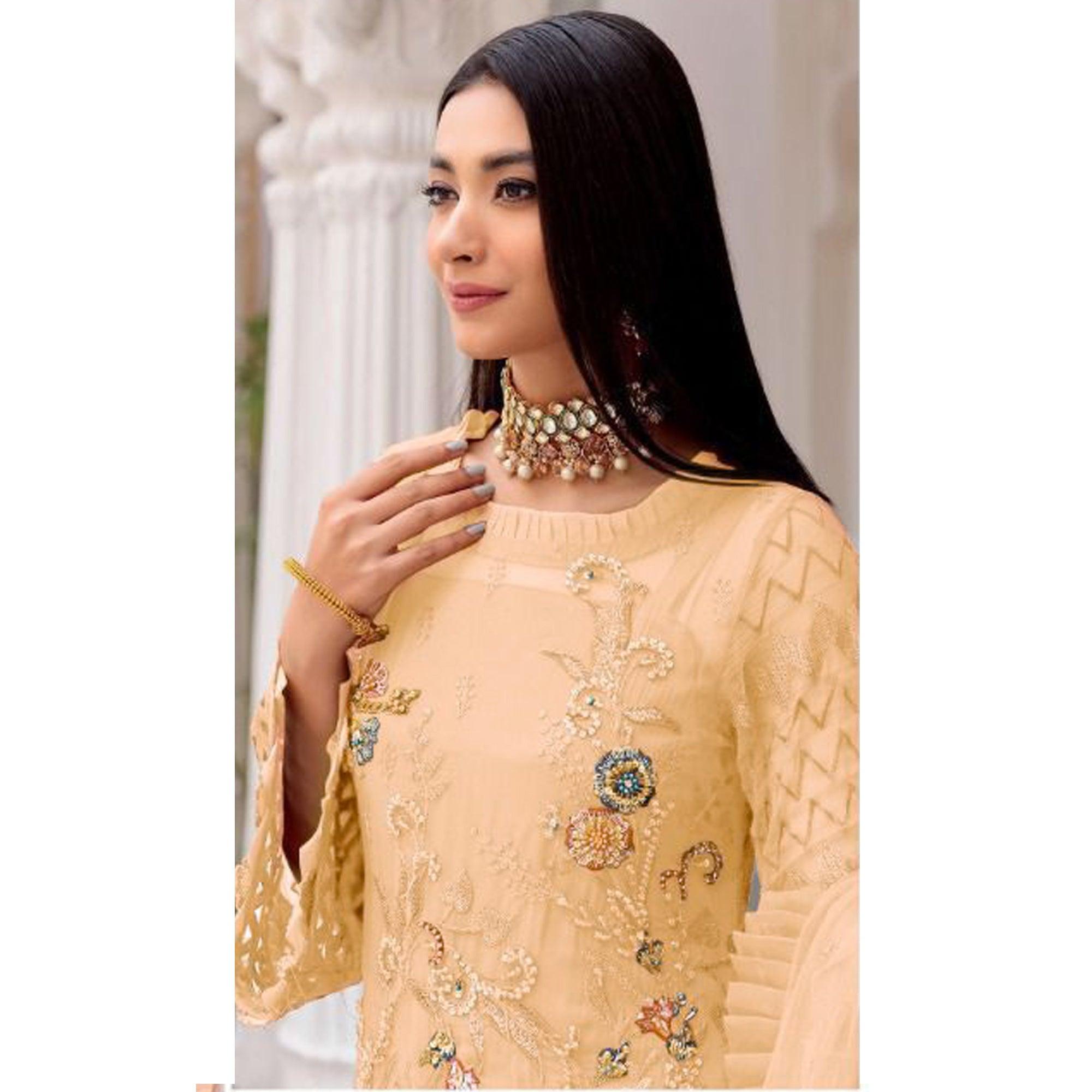 Chikoo Floral Sequence Embroidered Work Georgette Pakistani Suit - Peachmode