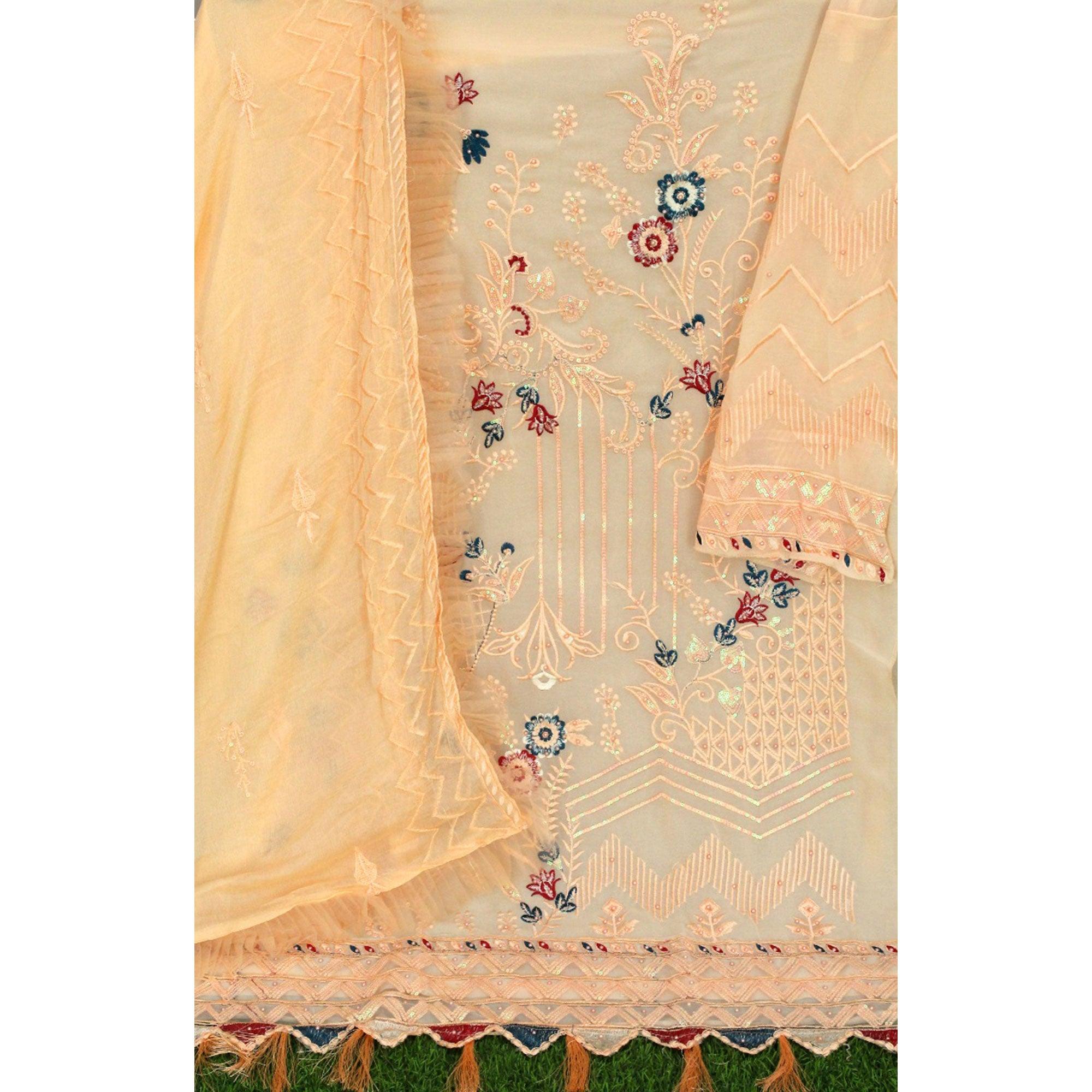 Chikoo Floral Sequence Embroidered Work Georgette Pakistani Suit - Peachmode