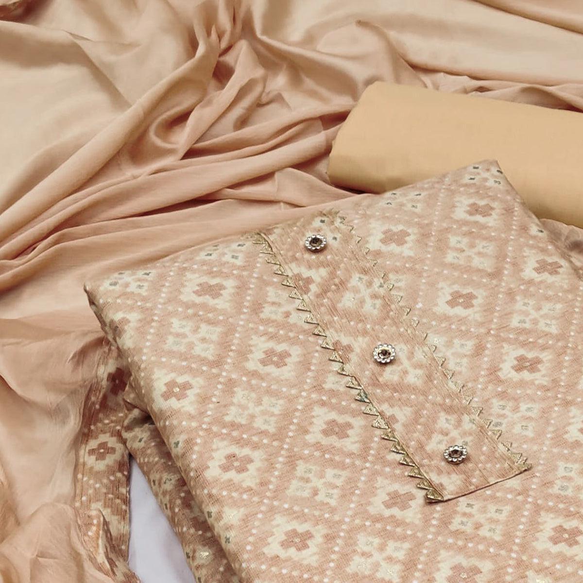 Chikoo Foil Printed Rayon Dress Material - Peachmode