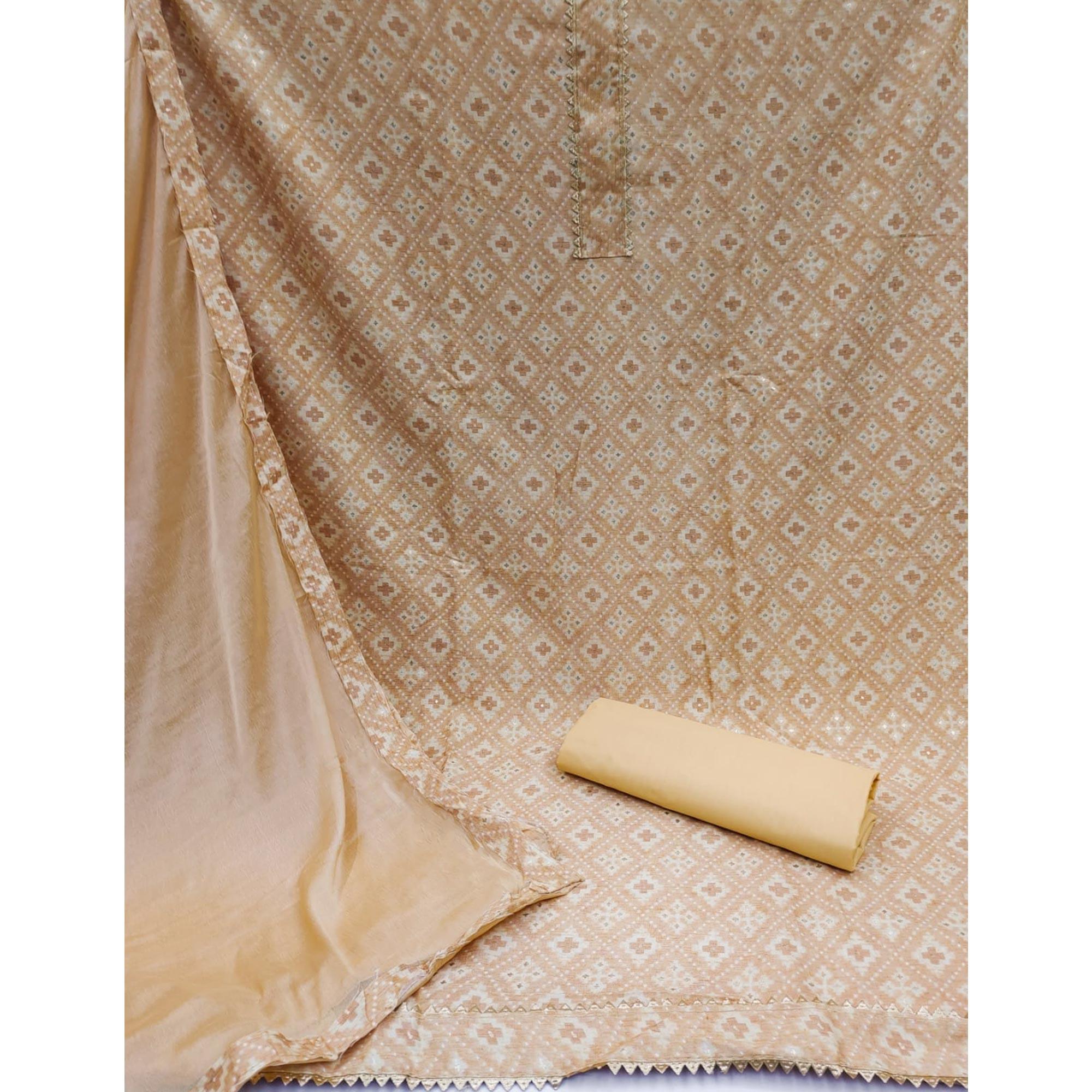 Chikoo Foil Printed Rayon Dress Material - Peachmode