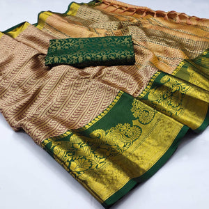 Chikoo Kalamkari Woven Cotton Silk Saree - Peachmode