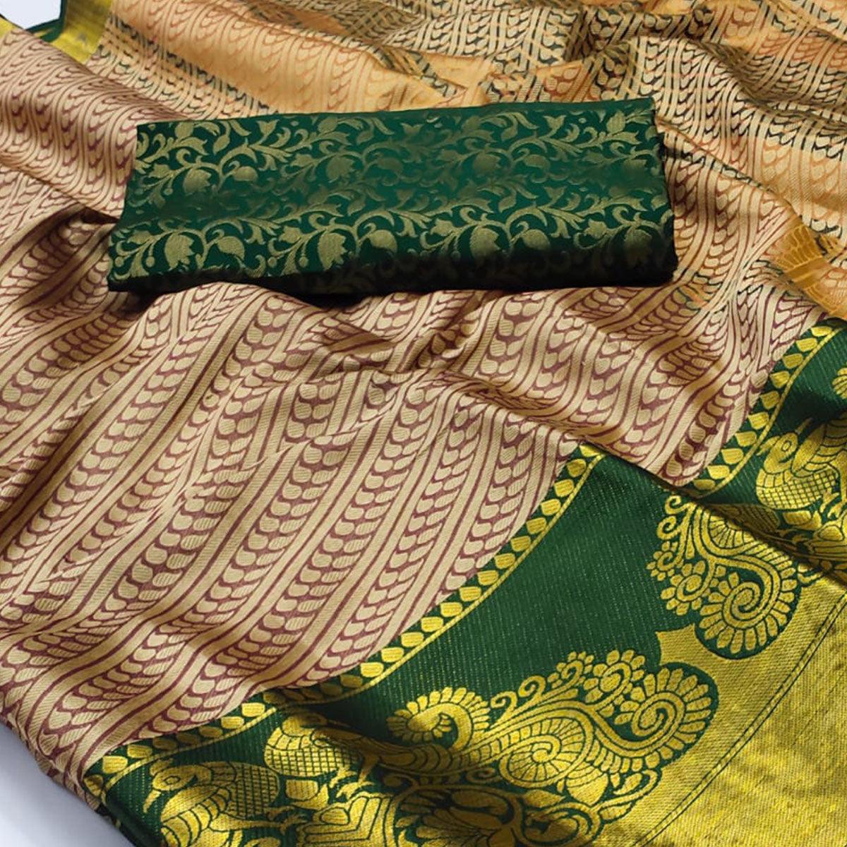 Chikoo Kalamkari Woven Cotton Silk Saree - Peachmode