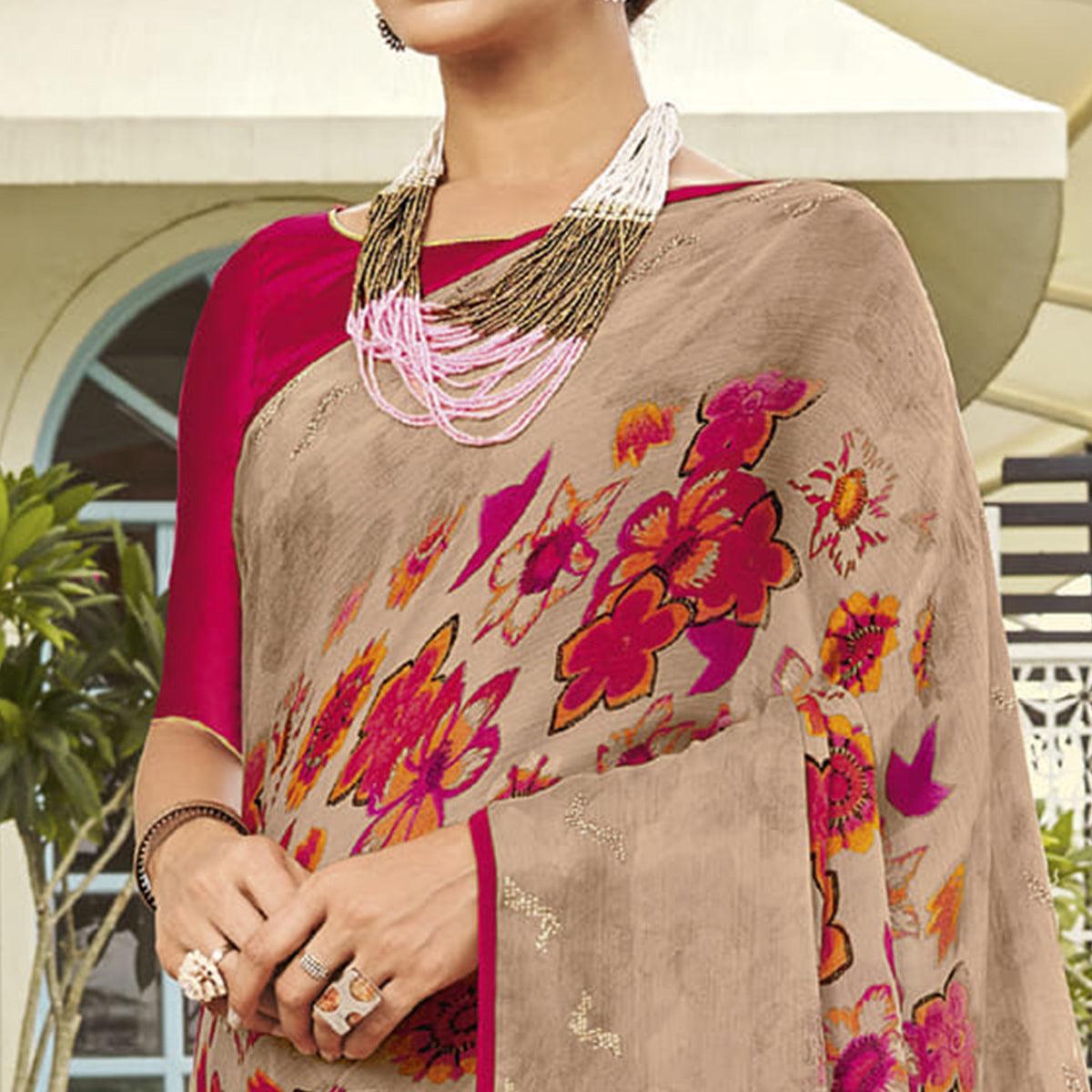 Chikoo Partywear Floral Printed Chiffon Saree - Peachmode