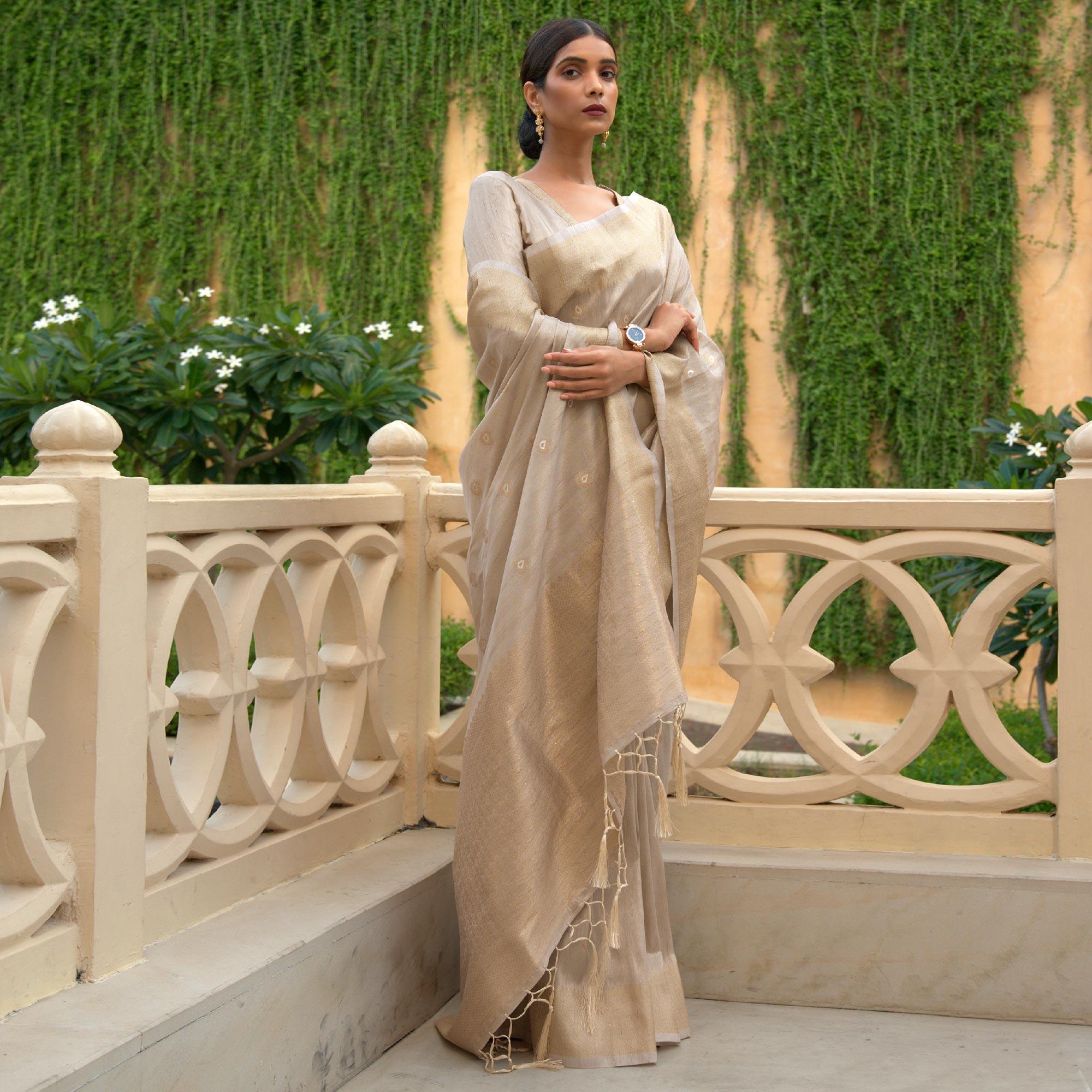 Chikoo Partywear Sequence Woven Silk Saree - Peachmode