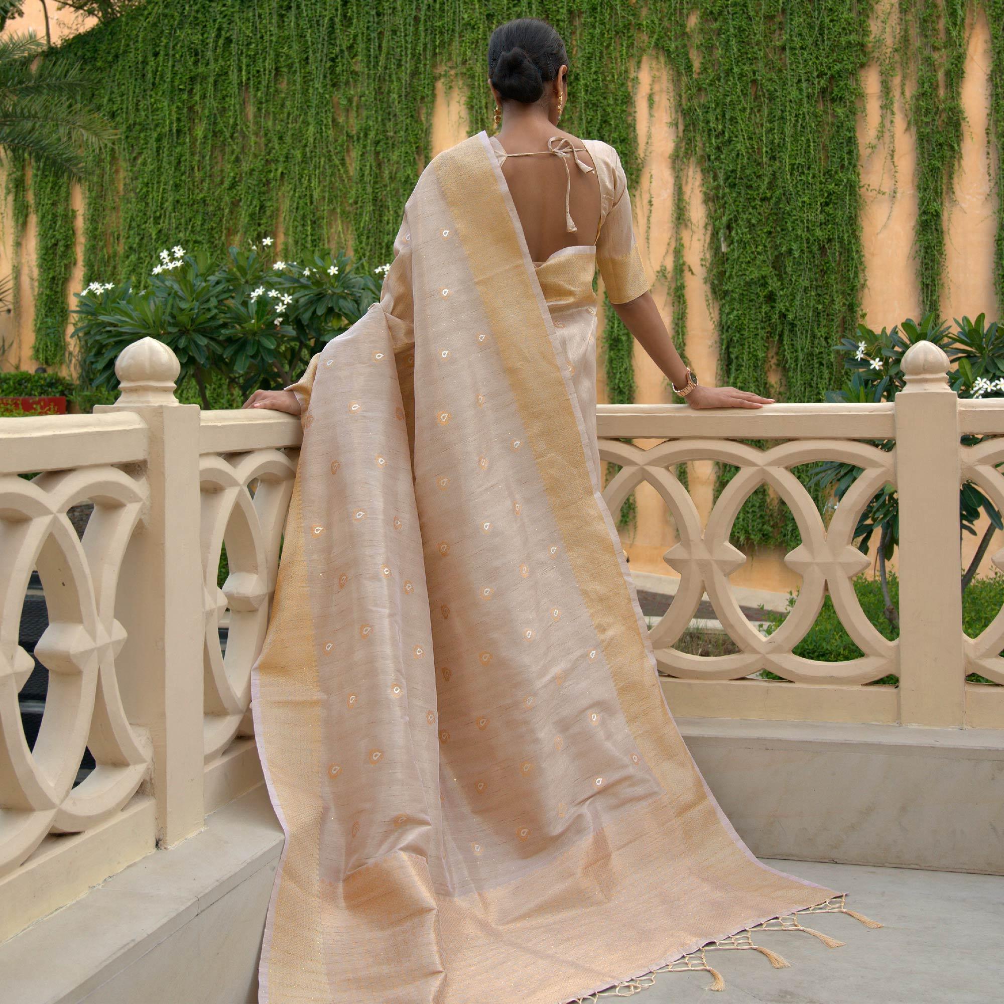 Chikoo Partywear Sequence Woven Silk Saree - Peachmode