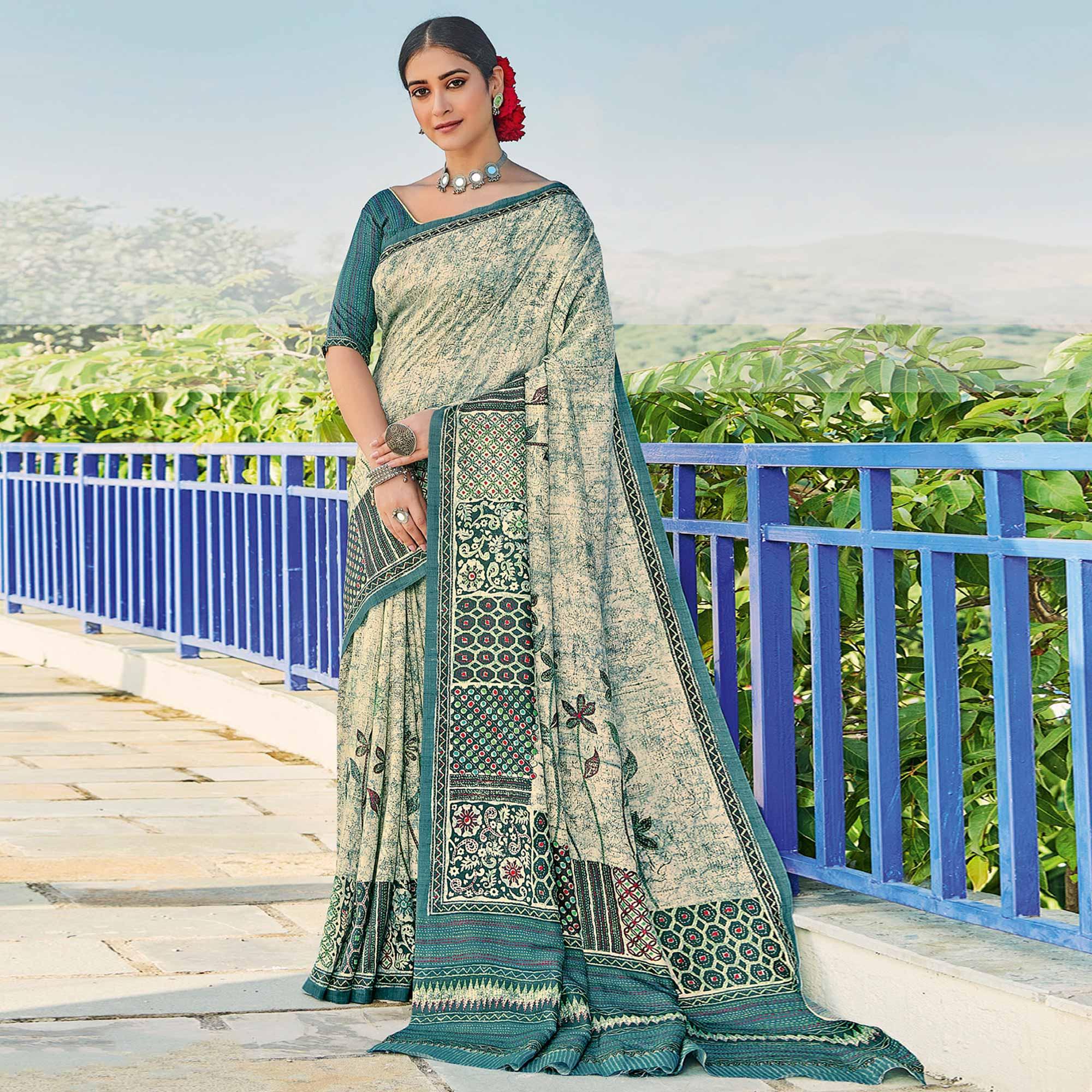 Chikoo Printed Cotton Silk Saree - Peachmode