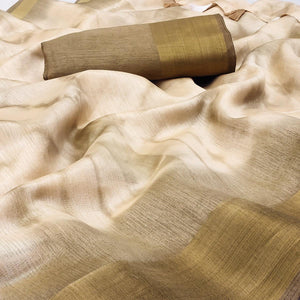 Chikoo Printed Poly Cotton Saree With Tassels - Peachmode