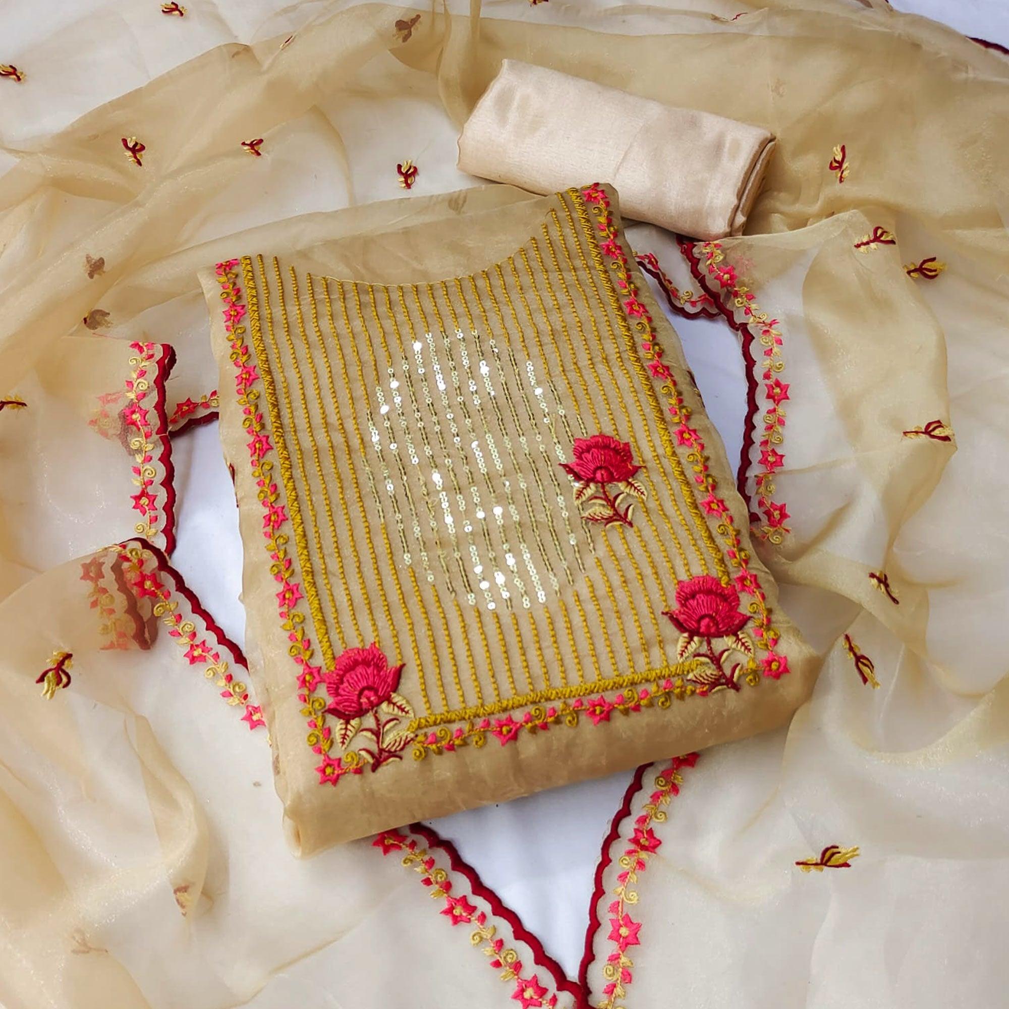 Chikoo Sequence Floral Embroidered Organza Dress Material - Peachmode