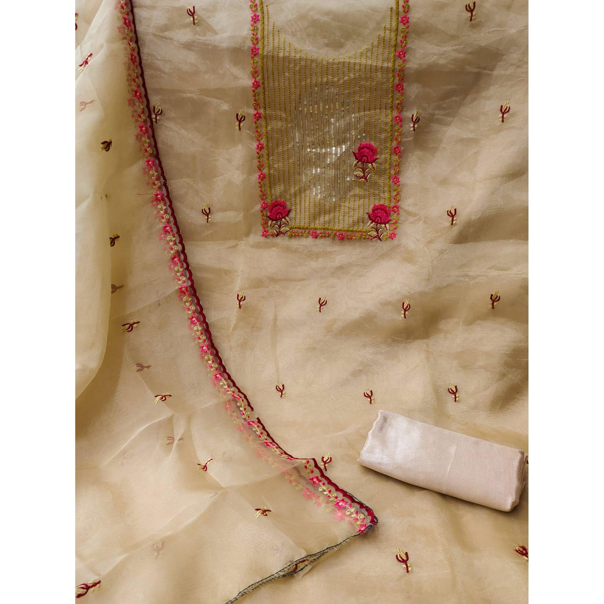 Chikoo Sequence Floral Embroidered Organza Dress Material - Peachmode