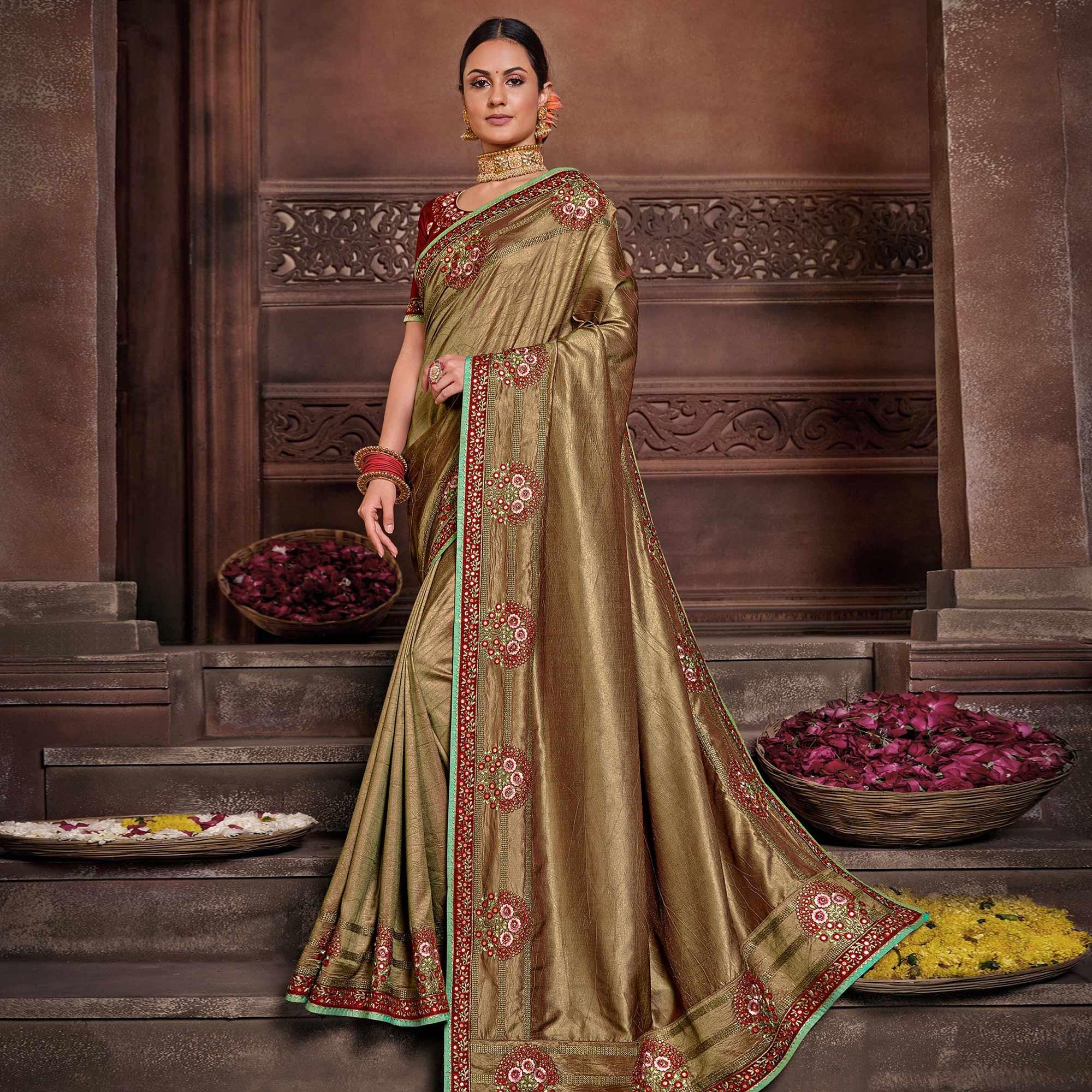 Chikoo Solid Art Silk Saree - Peachmode