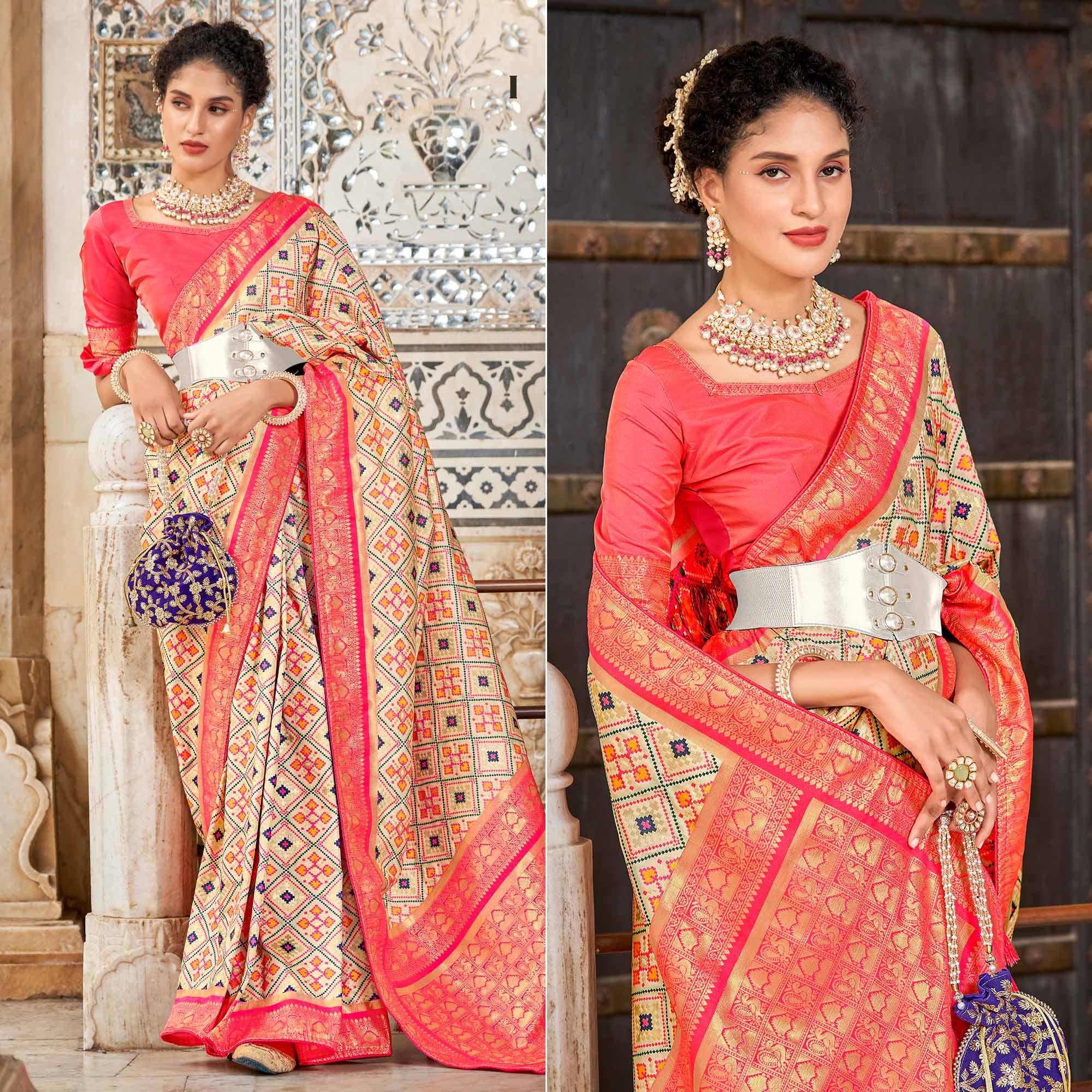 Chikoo Woven Art Silk Patola Saree With Tassels - Peachmode