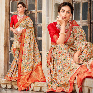 Chikoo Woven Art Silk Patola Saree With Tassels - Peachmode