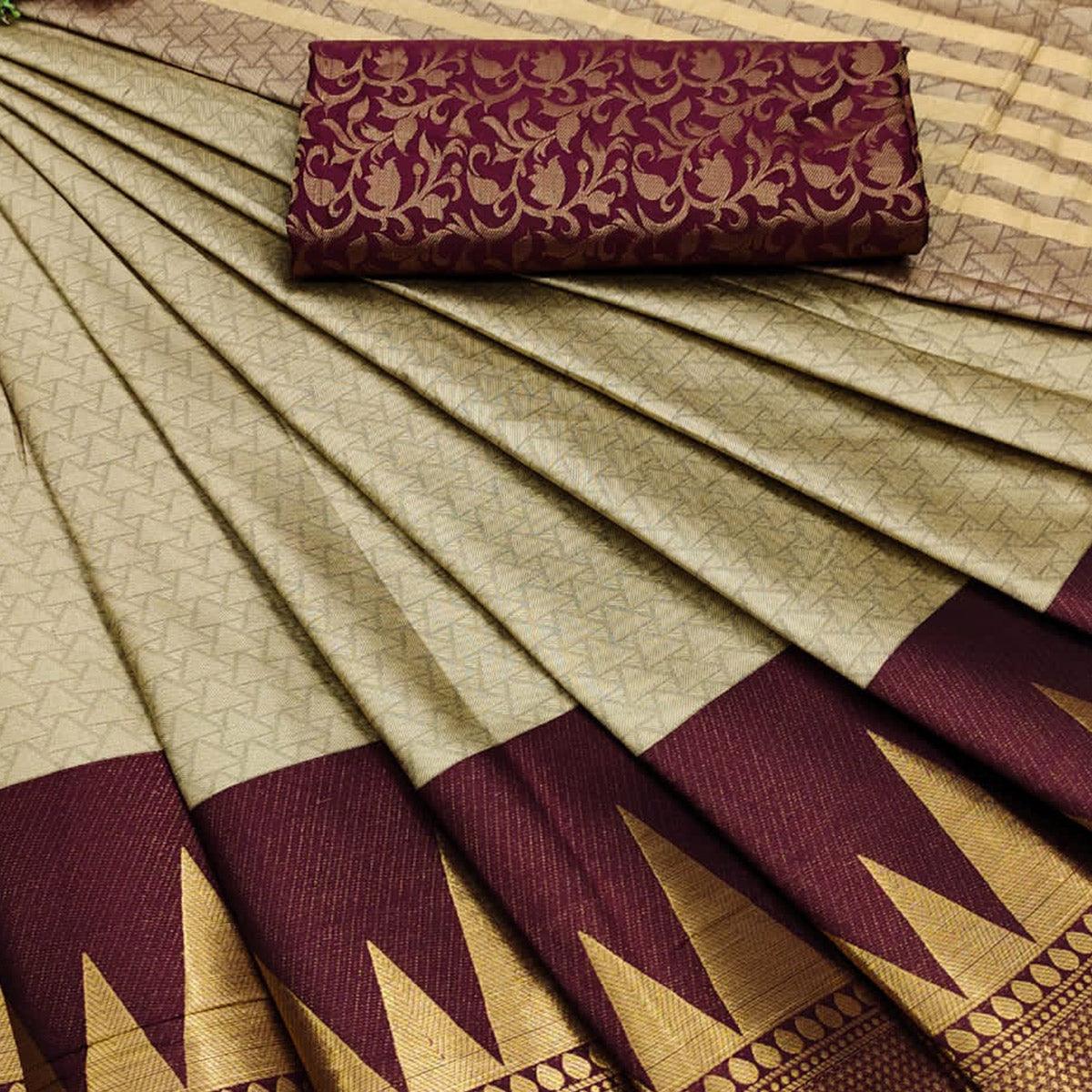 Chikoo Woven Border Cotton Silk Saree - Peachmode