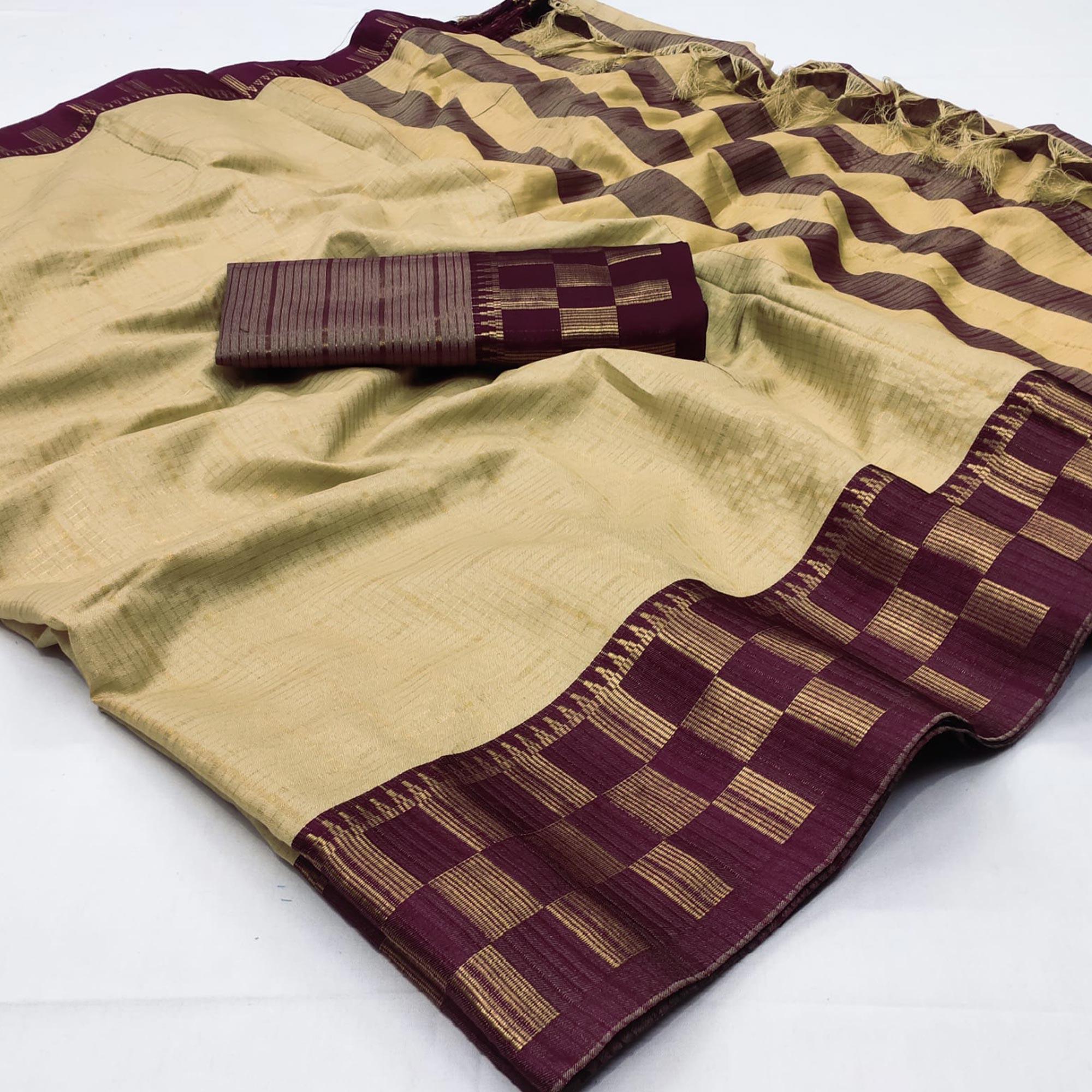 Chikoo Woven Cotton Silk Saree - Peachmode