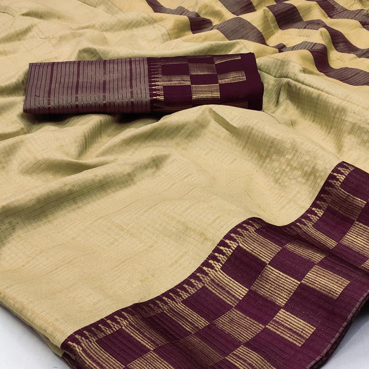 Chikoo Woven Cotton Silk Saree - Peachmode