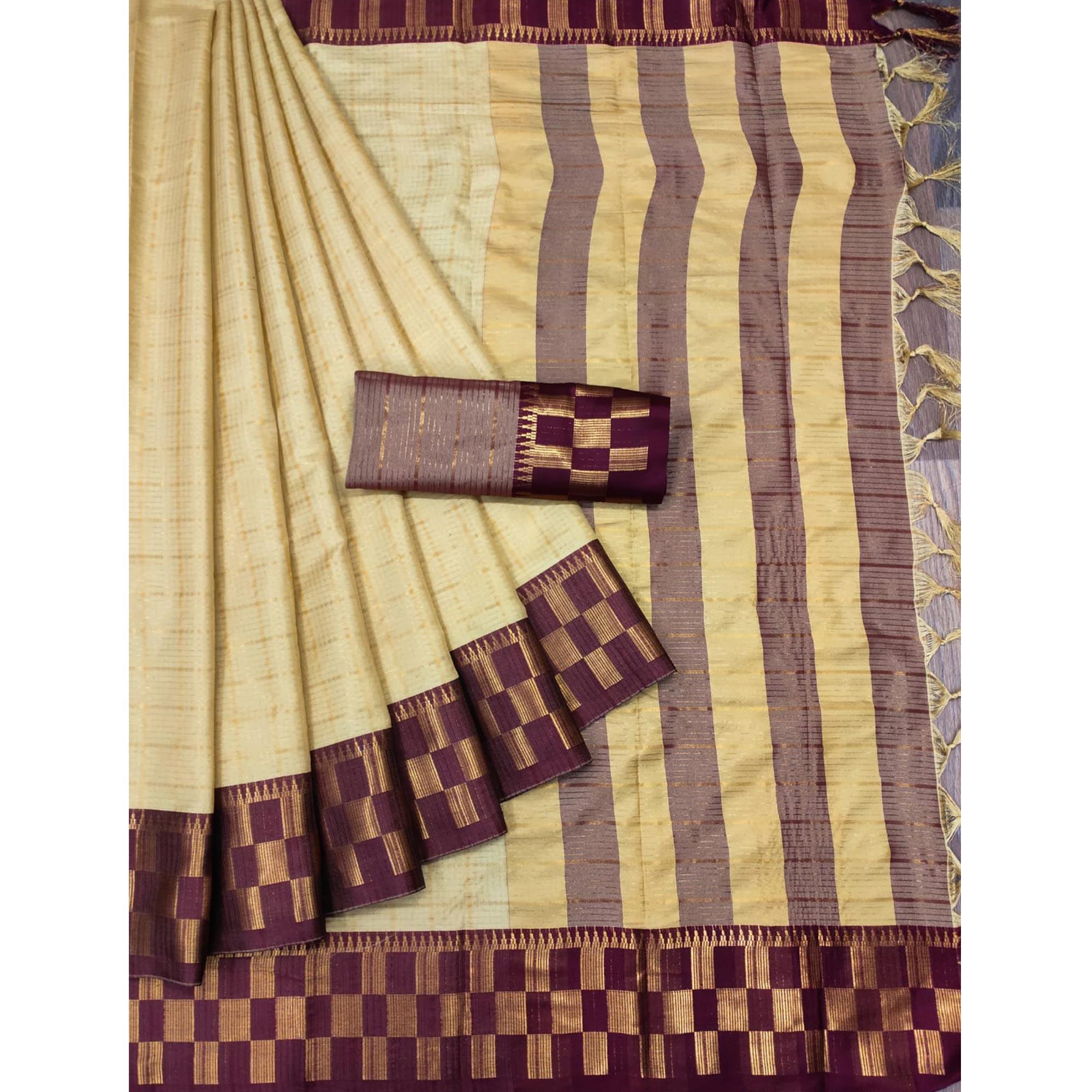 Chikoo Woven Cotton Silk Saree - Peachmode