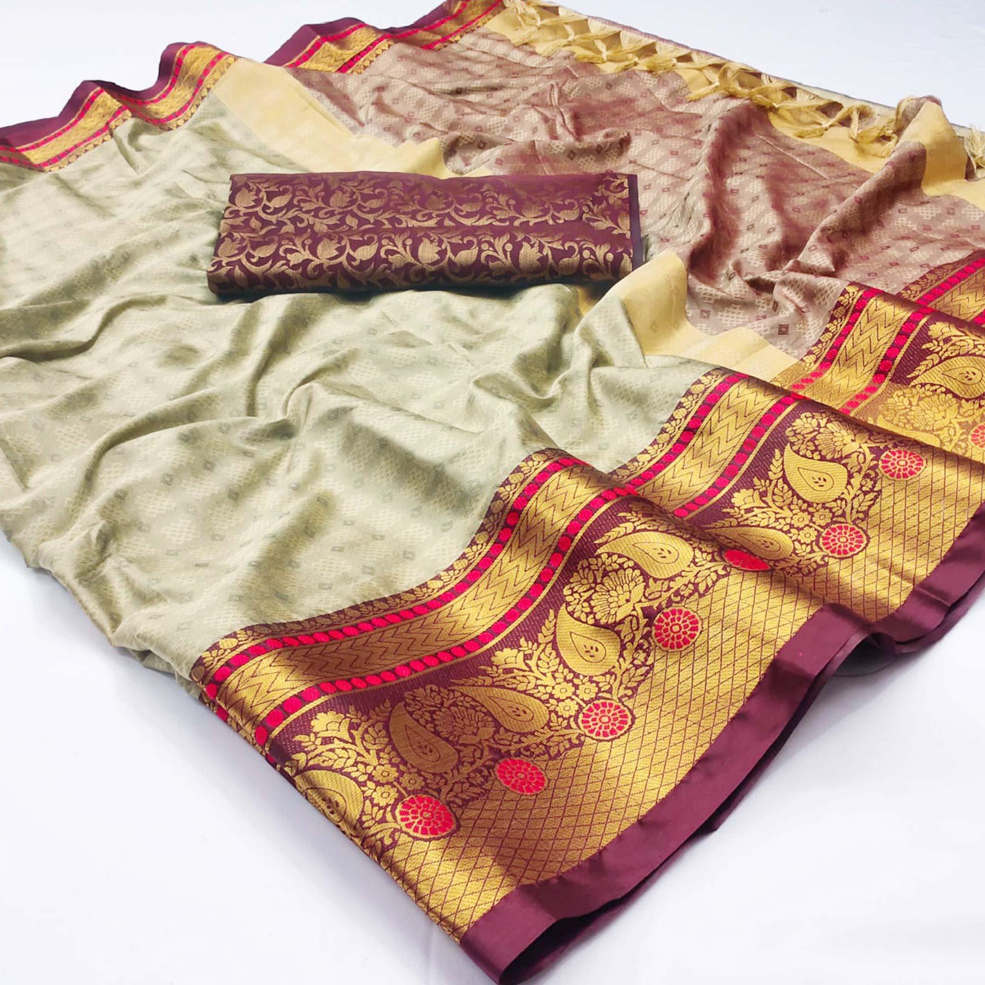 Chikoo Woven Cotton Silk Saree With Tassels - Peachmode