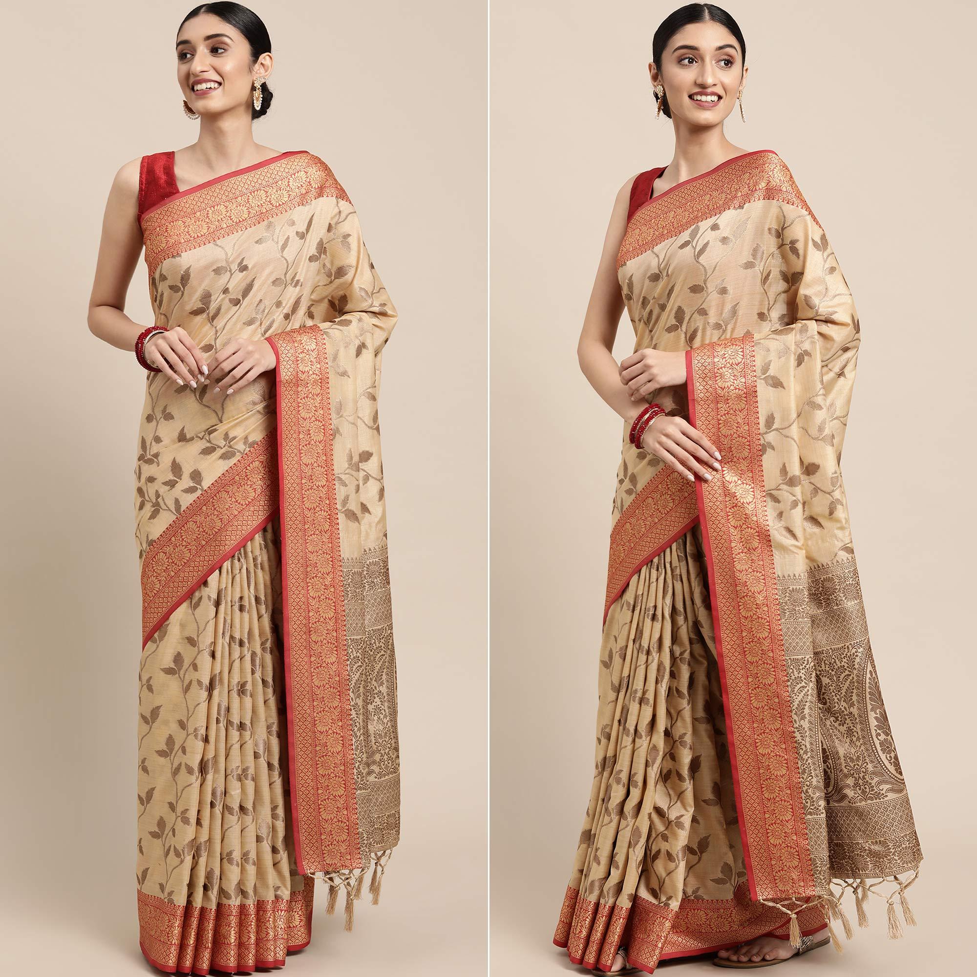 Chikoo Woven Cotton Silk Saree With Tassels - Peachmode