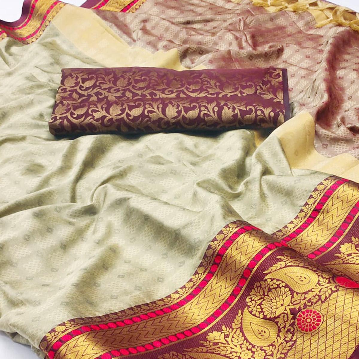 Chikoo Woven Cotton Silk Saree With Tassels - Peachmode