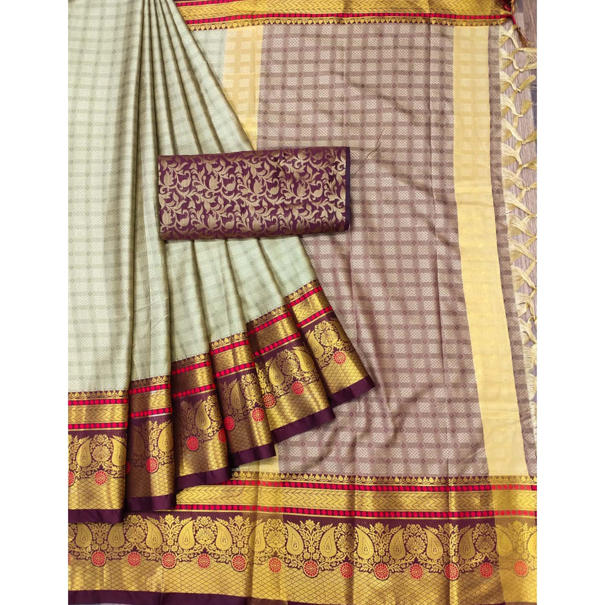 Chikoo Woven Cotton Silk Saree With Tassels - Peachmode