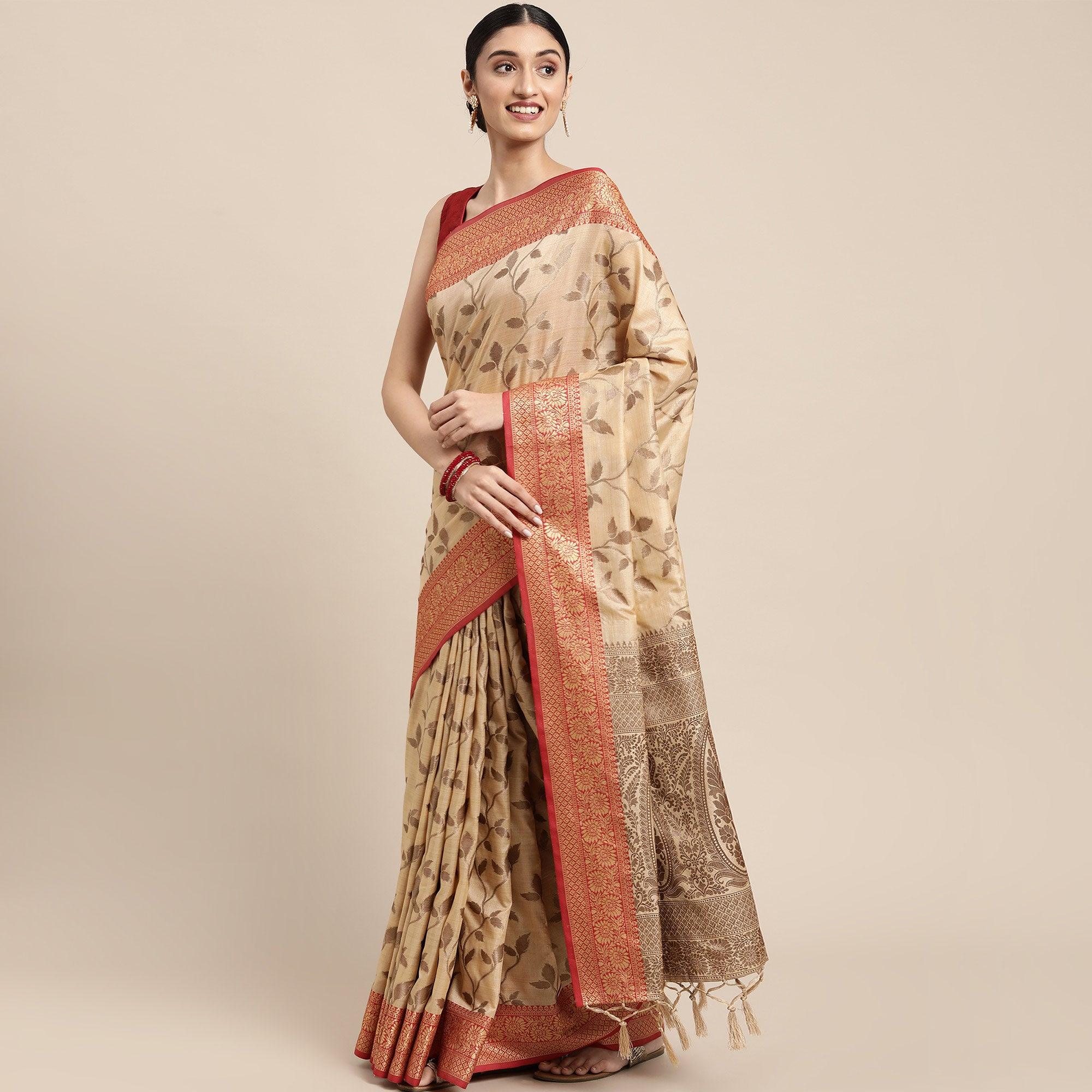 Chikoo Woven Cotton Silk Saree With Tassels - Peachmode