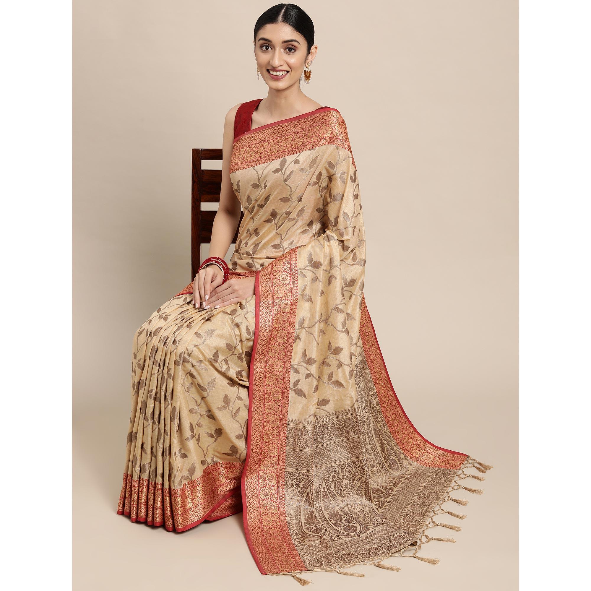 Chikoo Woven Cotton Silk Saree With Tassels - Peachmode